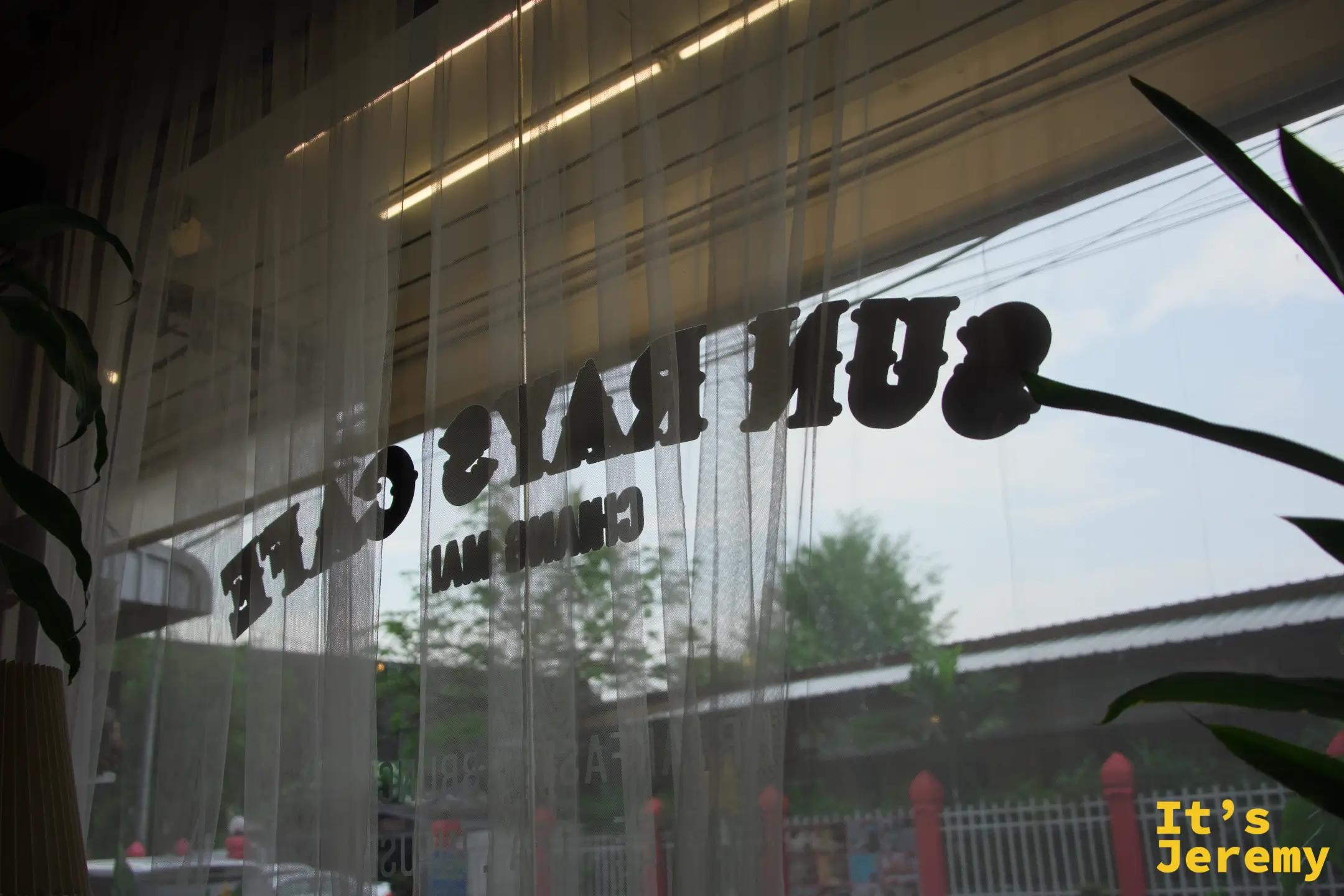 從店內往外看，透過薄紗簾可以看到鏡像的 Sun Rays Café 字樣