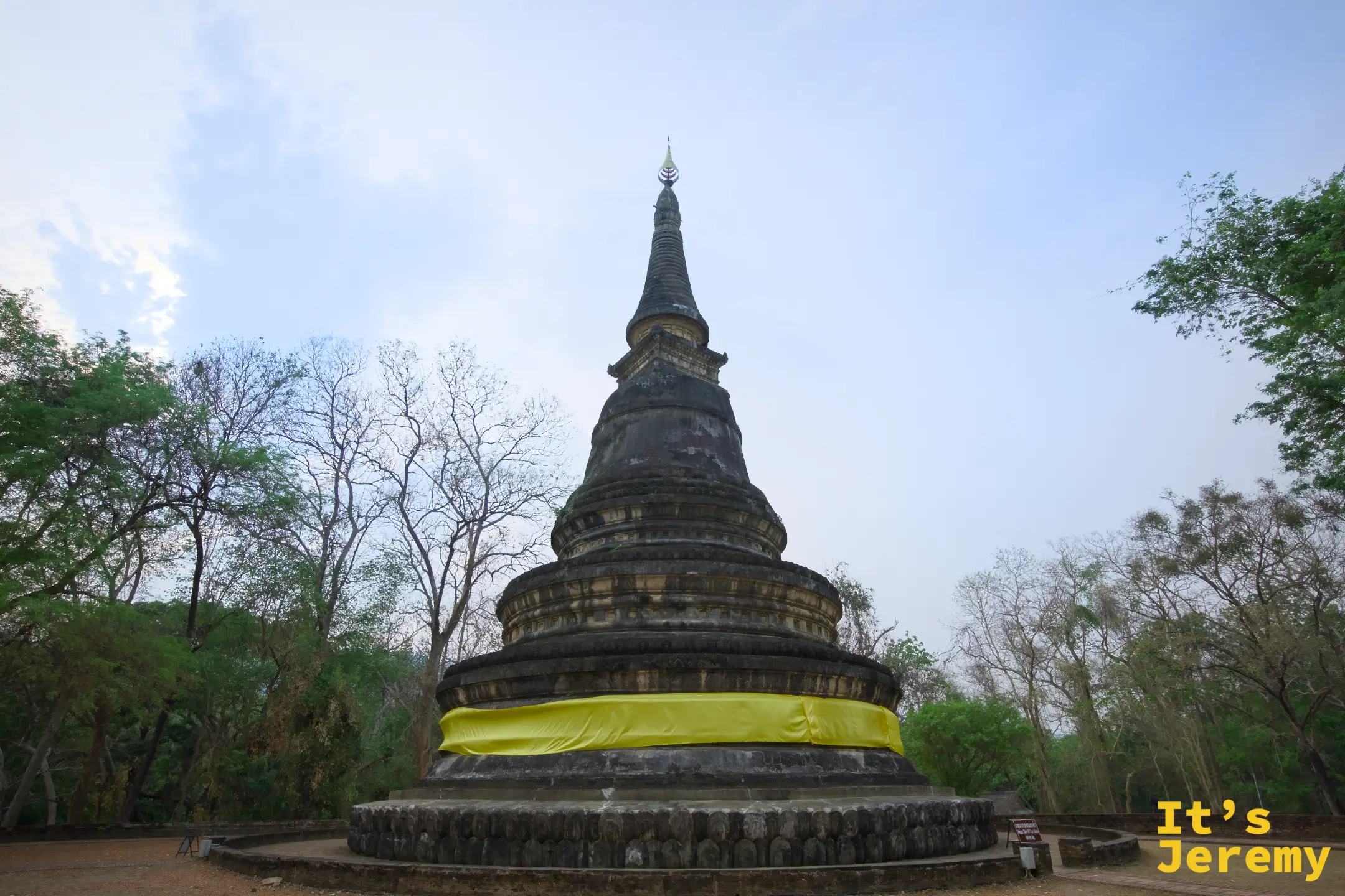 主塔 Chedi 在落葉大樹環繞中，塔身纏黃布，傍晚天色