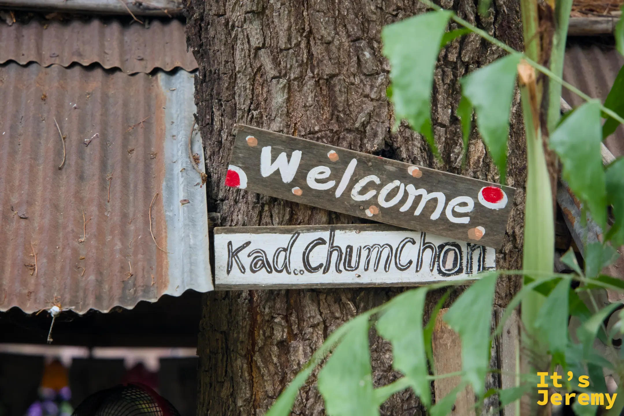 樹幹上釘著手寫木牌「Welcome Kad Chumchon」，後方是鐵皮棚頂