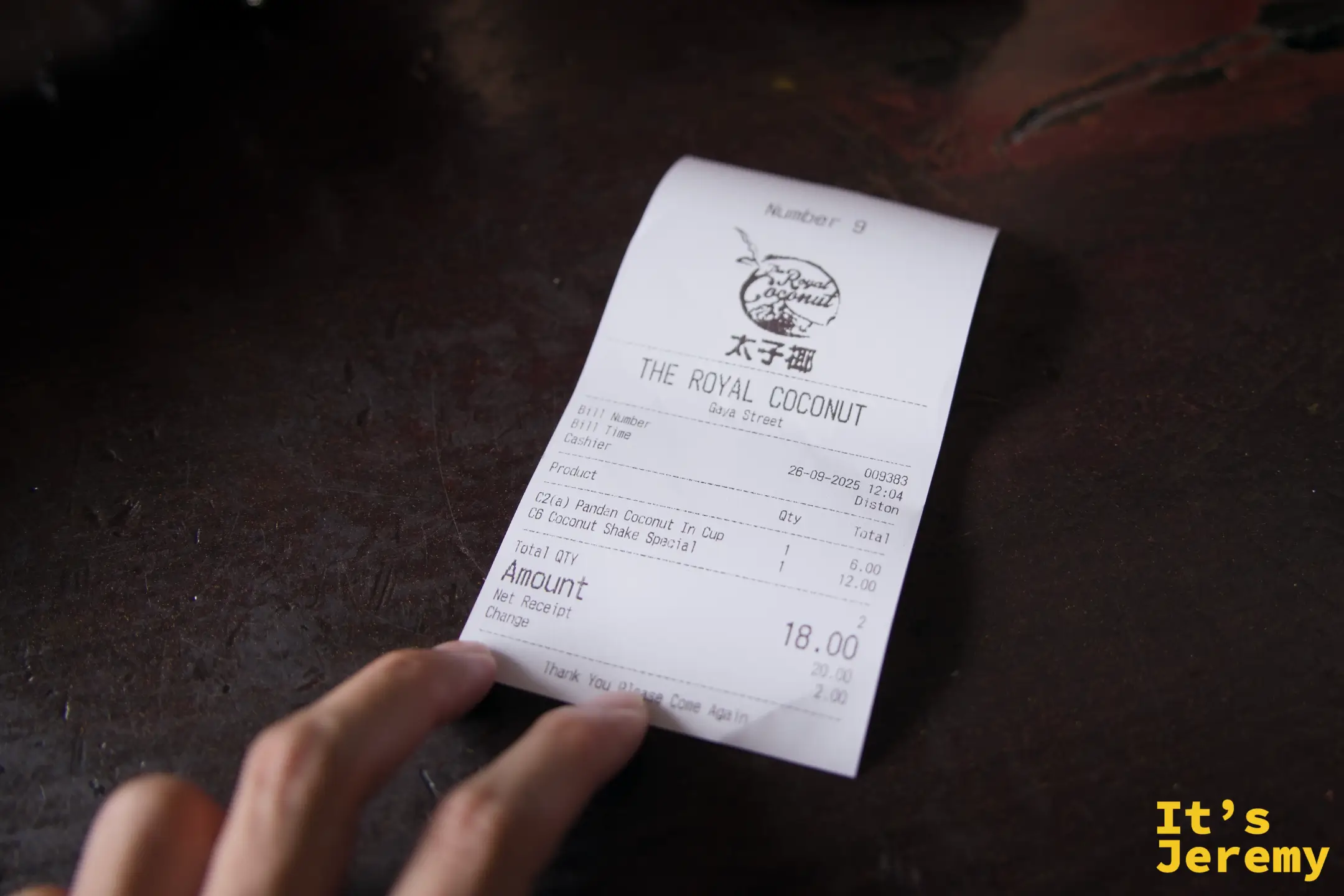 太子椰消費收據，顯示 C2(a) RM6 與 C6 RM12，合計 RM18