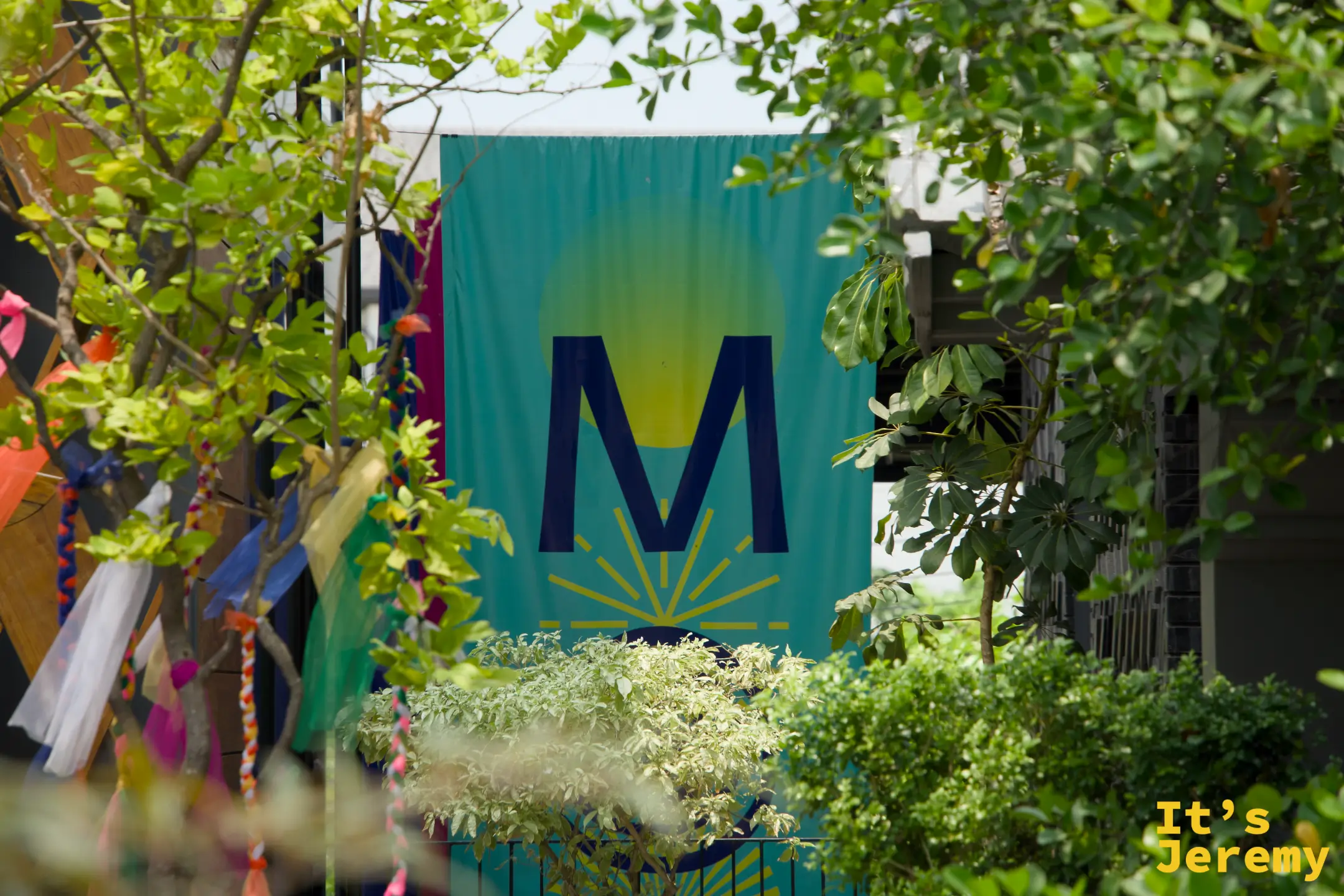 樹叢間露出 MOM 的綠底藍字旗幟，M 字下方是一輪放射狀的日出圖案