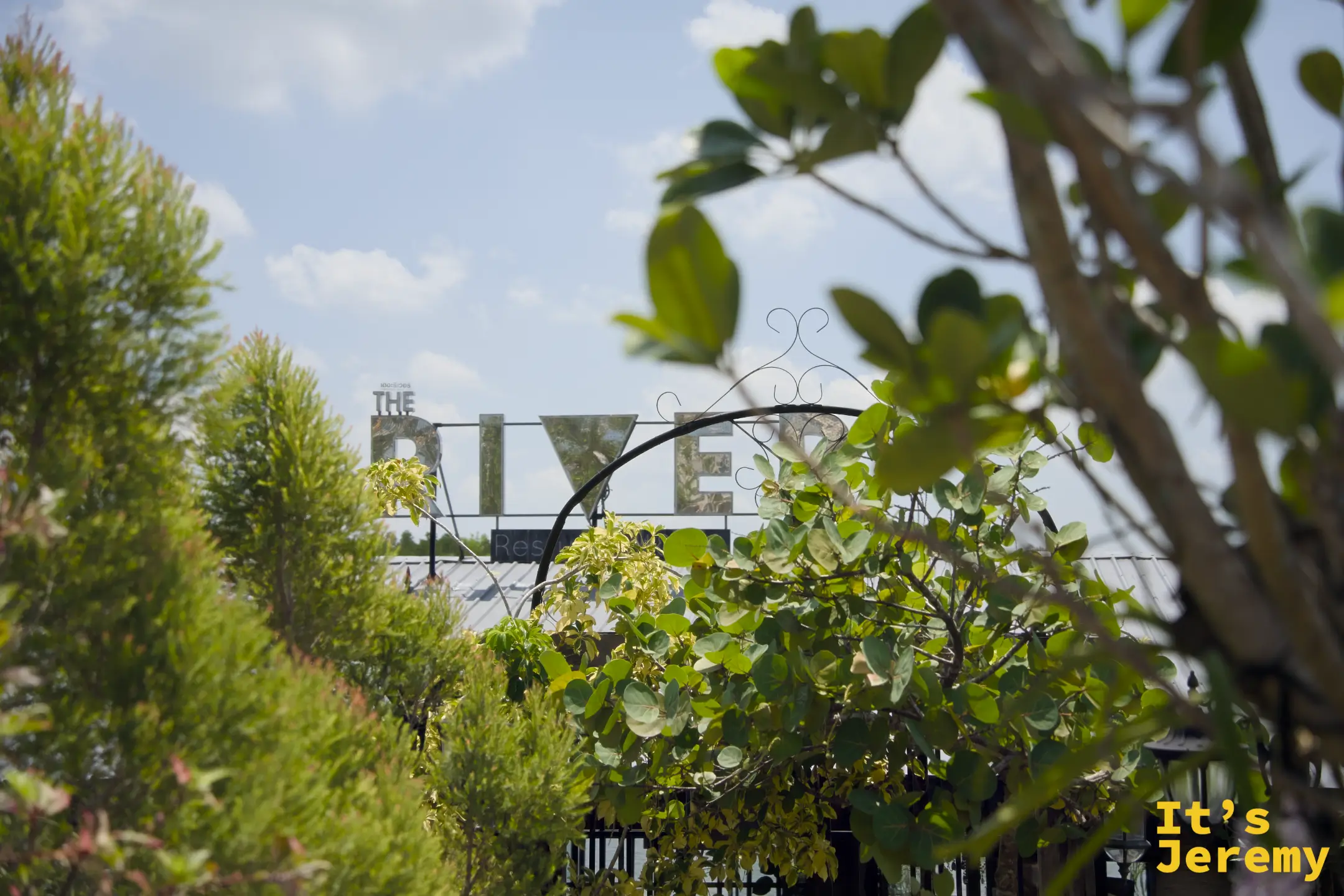 從入口植物叢中看向 The River 招牌