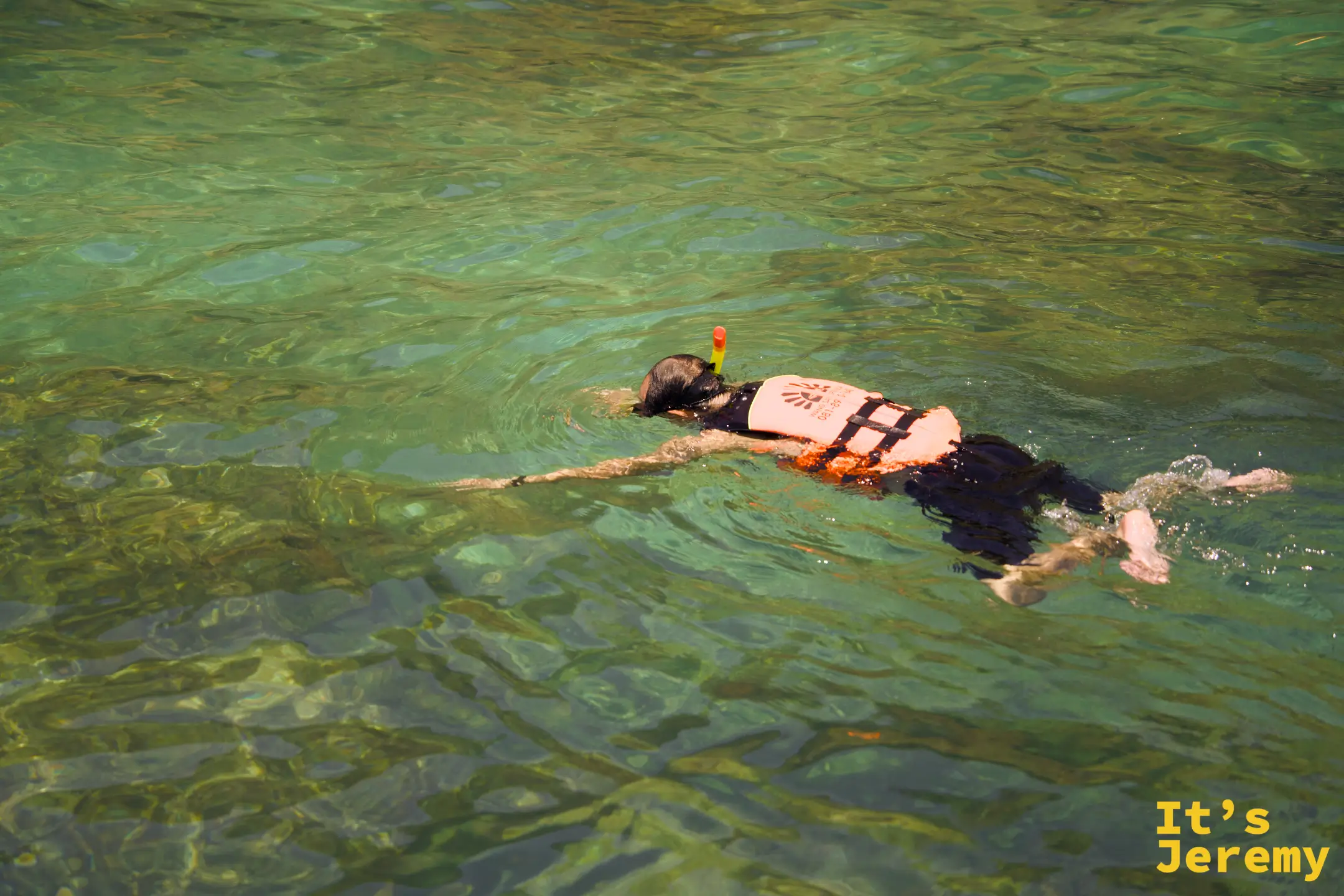 穿著橘色救生衣和浮潛裝備的旅人，在雞島翡翠綠的海水中自在漂游