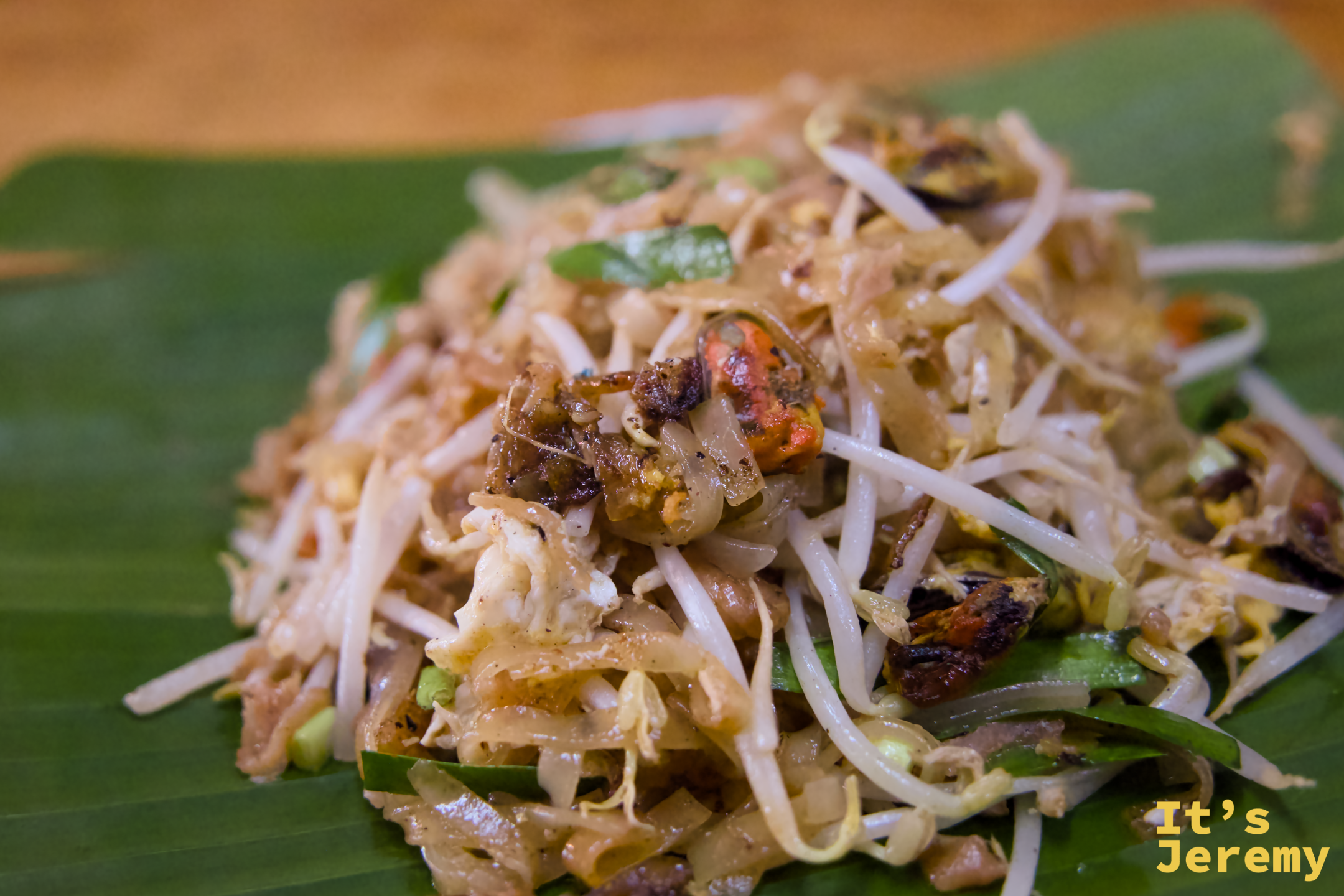 Pad Thai 特寫：米粉帶著微焦色澤，豆芽白嫩，頂上點綴著炒蒜與蝦