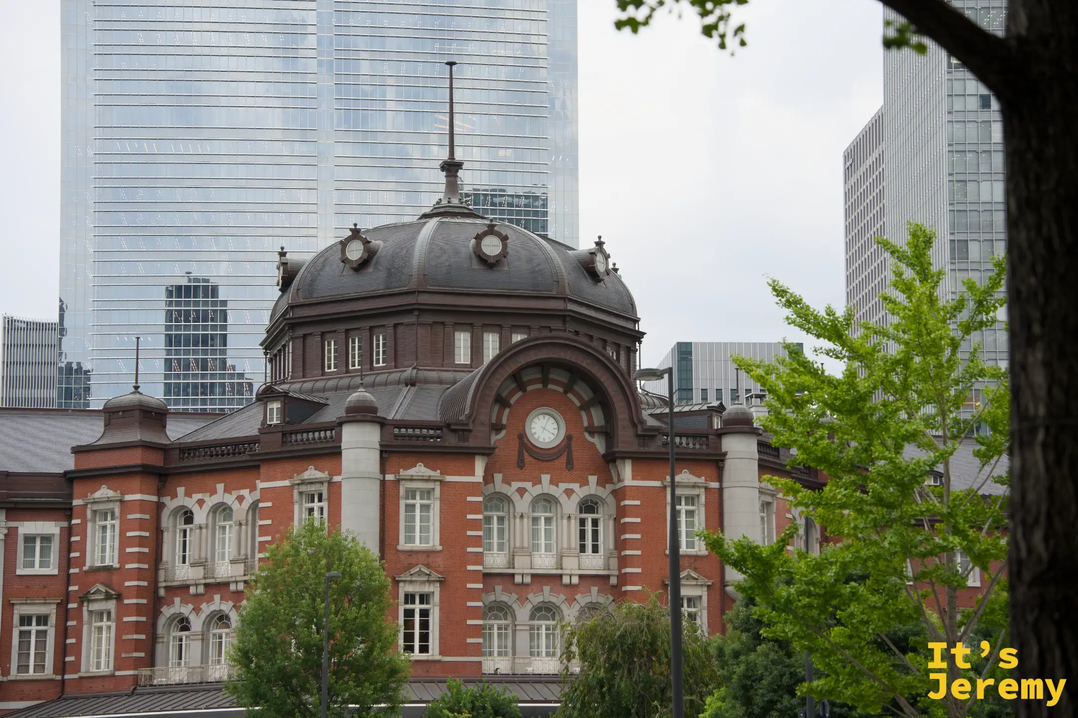 樹葉縫隙間的東京車站圓頂特寫，磚紅與石板灰的對比清晰可見