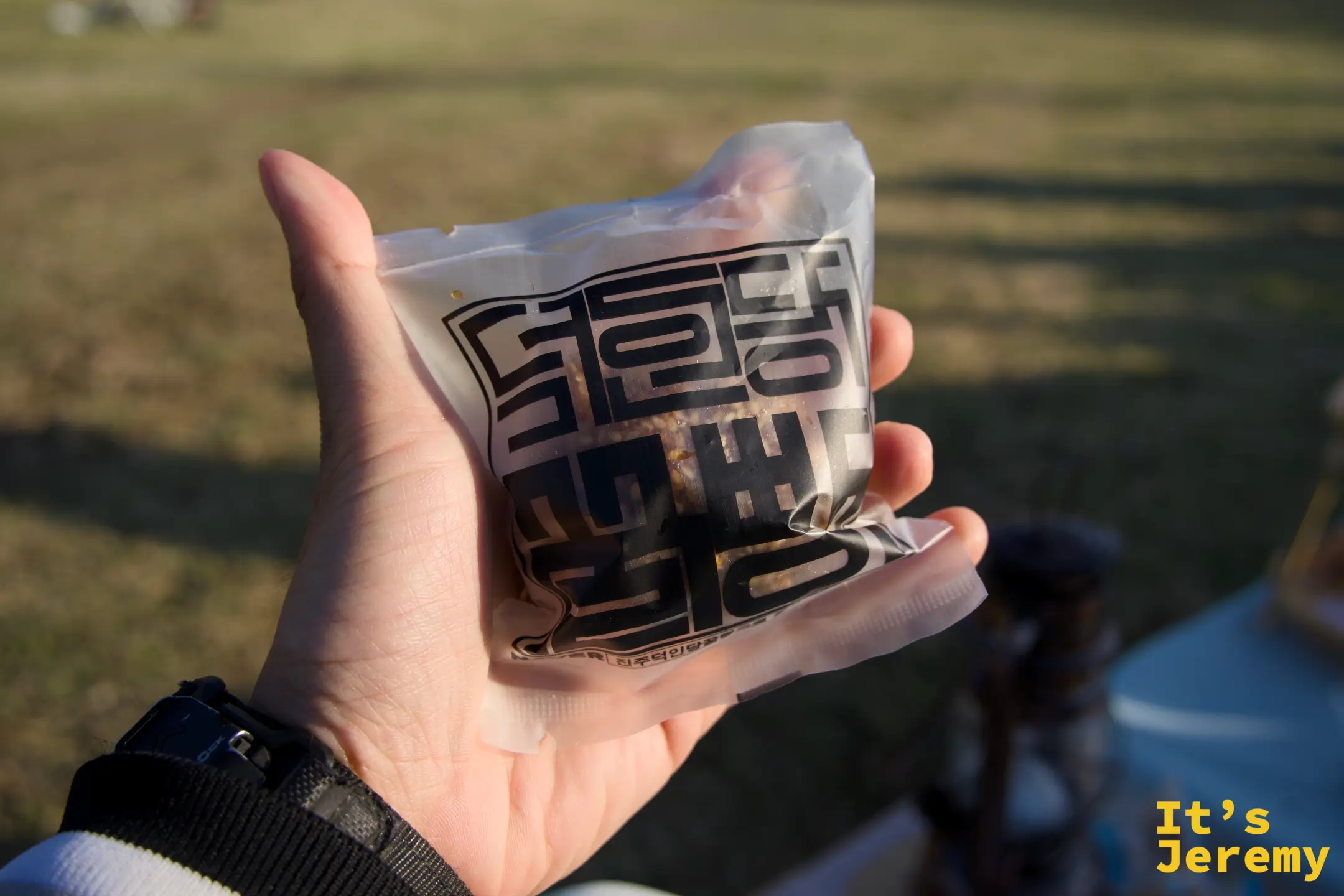 手持一包晉州在地風味零食，草地上的輕食下午茶氛圍