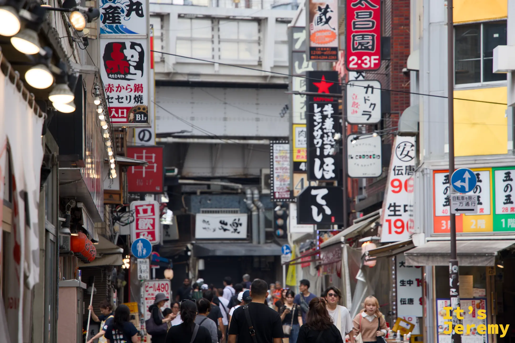 上野アメ横商店街,密集的日式招牌從兩側建築延伸而出,居酒屋、海鮮攤、藥妝招牌擠在一起,人潮緩緩移動