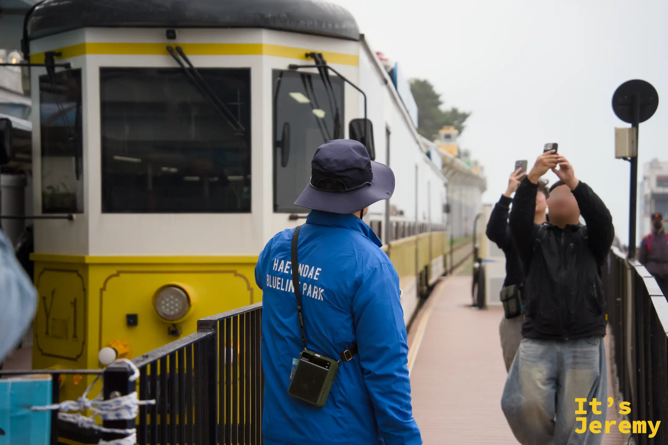黃色海岸列車停在月台旁，工作人員引導乘客上車，旁邊還停著綠色車廂一同待命