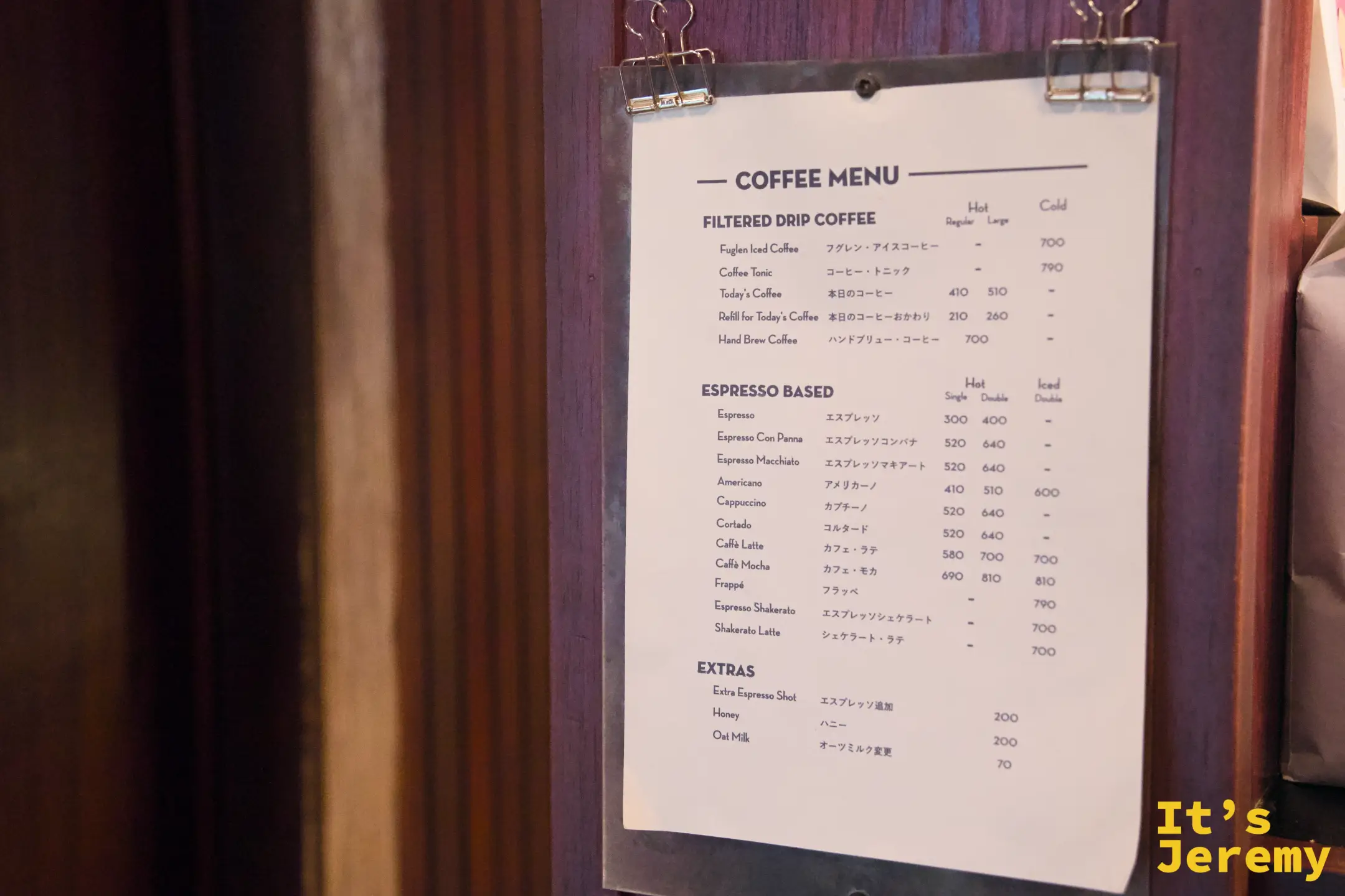 咖啡菜單,Filtered Drip Coffee 與 Espresso Based 品項完整,Iced Americano ¥600