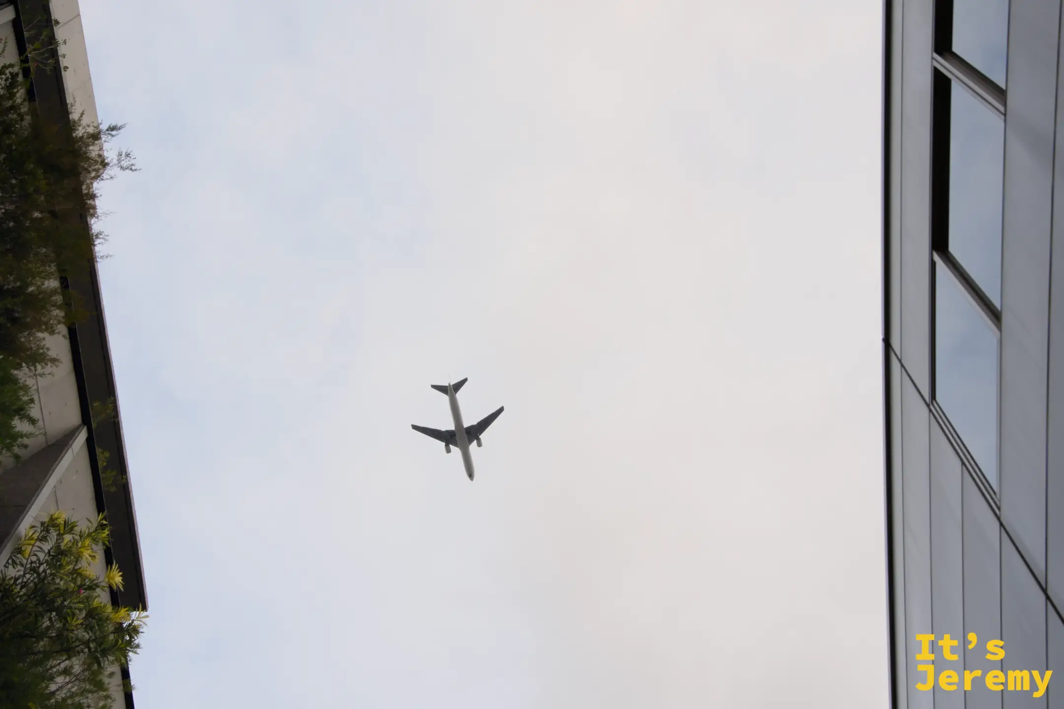 在表參道附近抬頭,一架飛機從兩棟建築之間的天空縫隙飛過,灰白天色,畫面乾淨