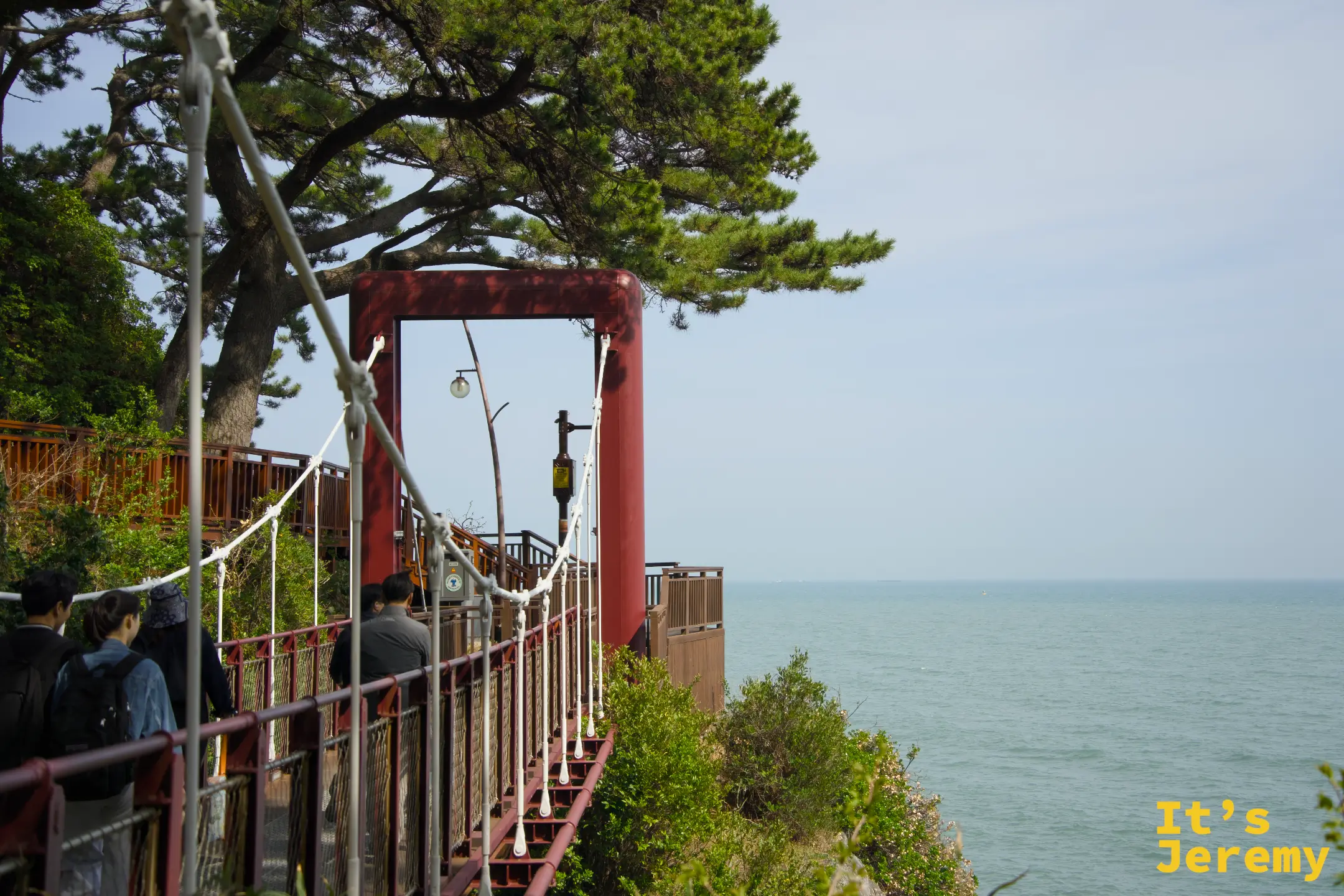 冬柏島紅色欄杆海岸棧道，左側松林、右側南海，遊客沿著棧道前行