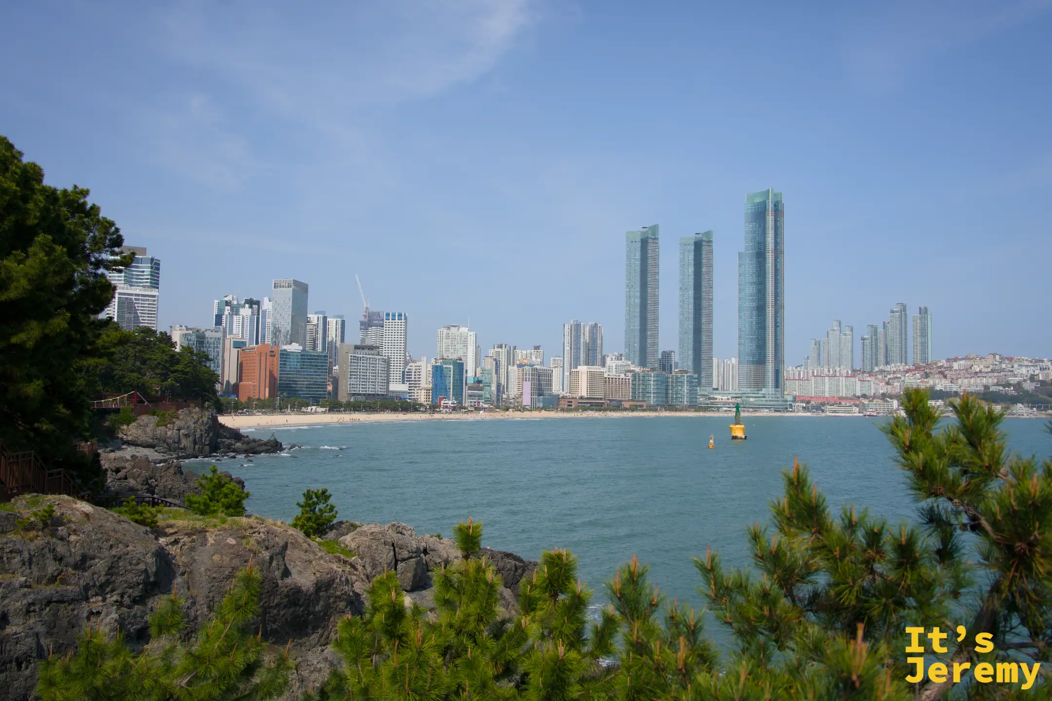 透過松林望向海雲臺天際線，前景是冬柏島的岩石岬角
