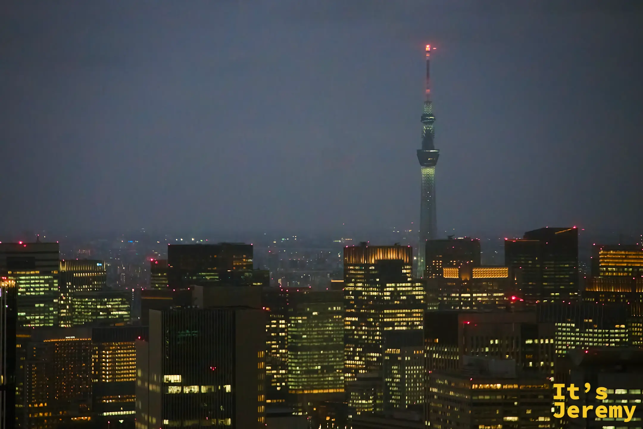 夜霧中的東京遠景，東京晴空塔的燈光在天際線處隱約發亮