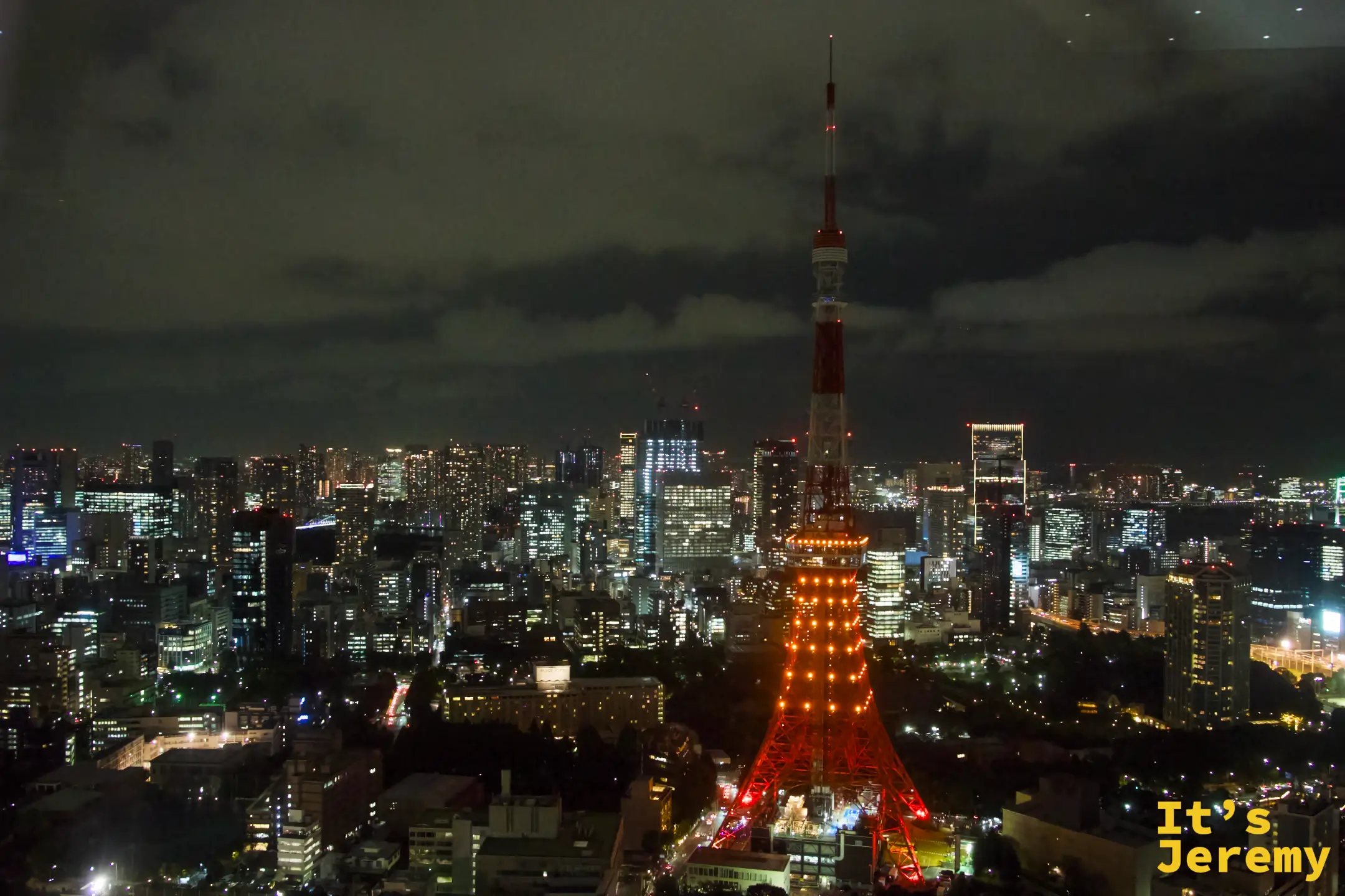 從高處俯瞰東京夜景，點亮橘紅色燈光的東京鐵塔在城市燈海中央，天際線一路延伸到遠方