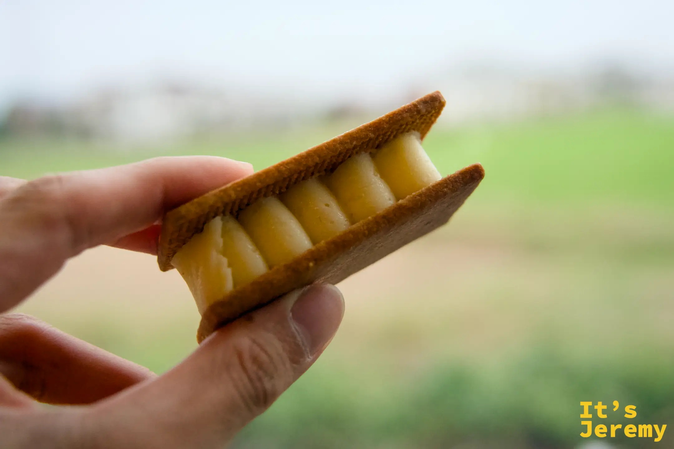 打開的バターサンド夾心餅乾特寫，金黃色奶油夾心