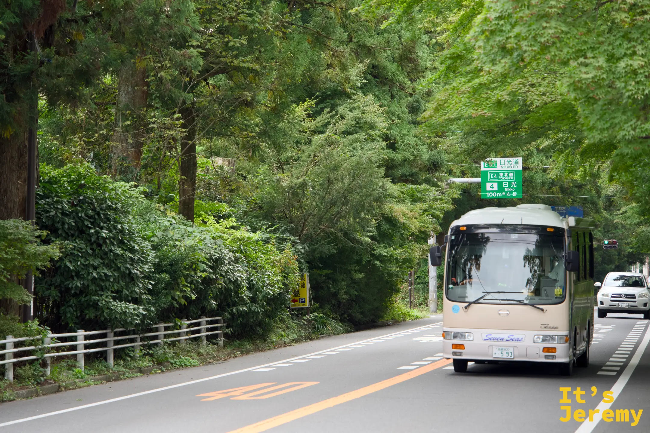 往奧日光方向的公車行駛在樹林夾道的路上
