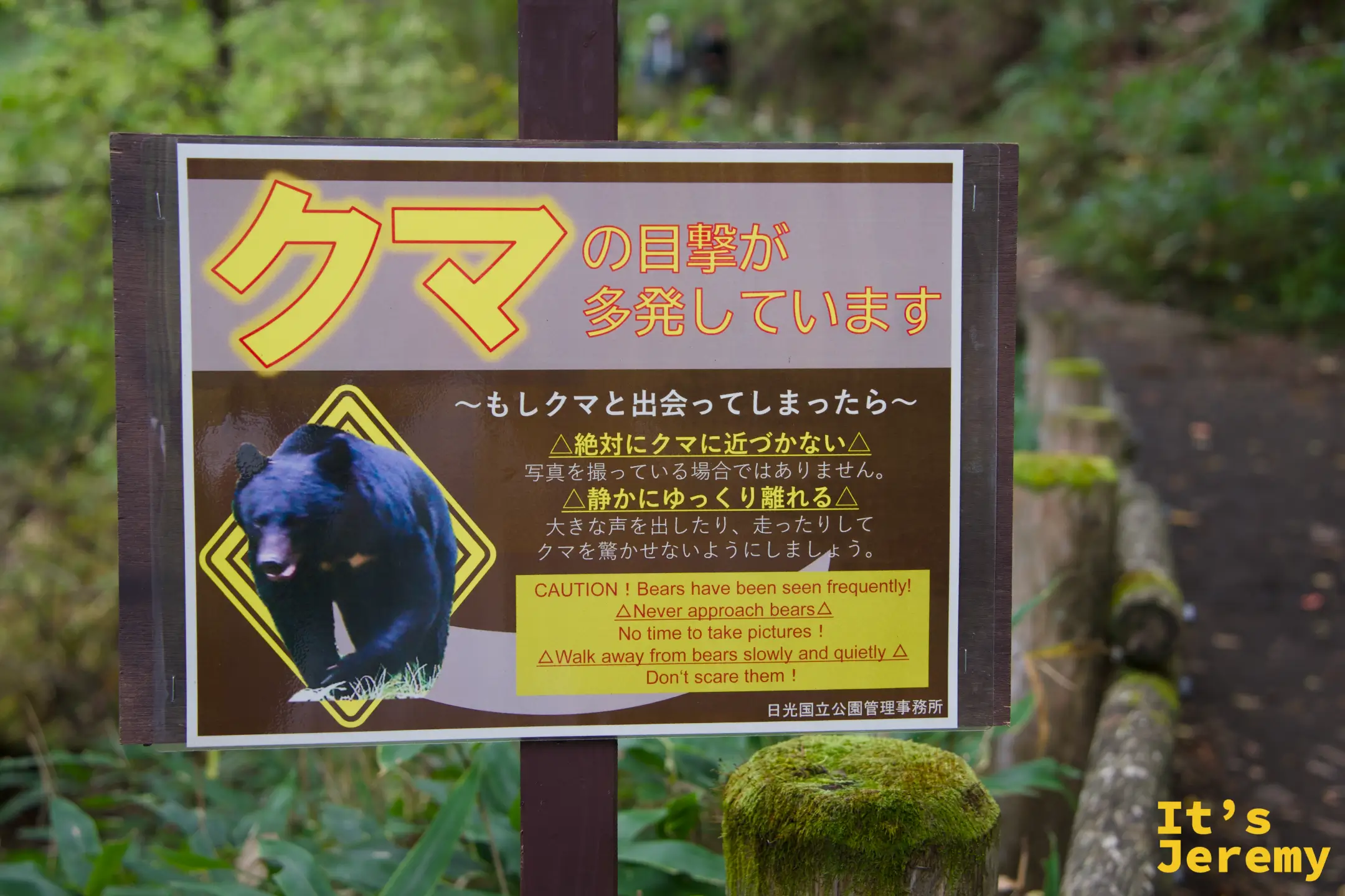 「クマの目撃が多発しています」警告牌，附有熊的照片與英日文說明