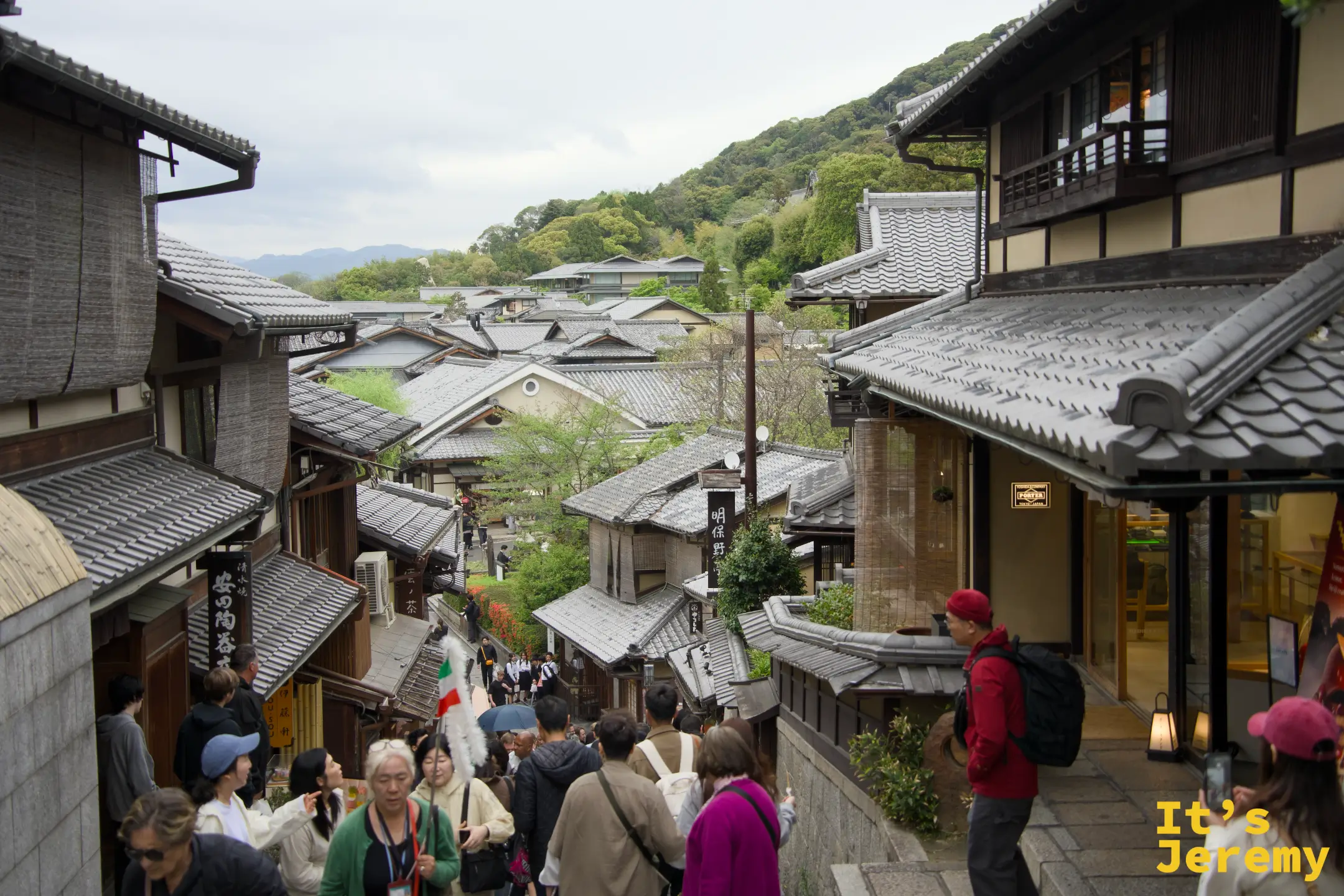 從清水坂高處俯瞰東山老街連綿的屋瓦與遠山