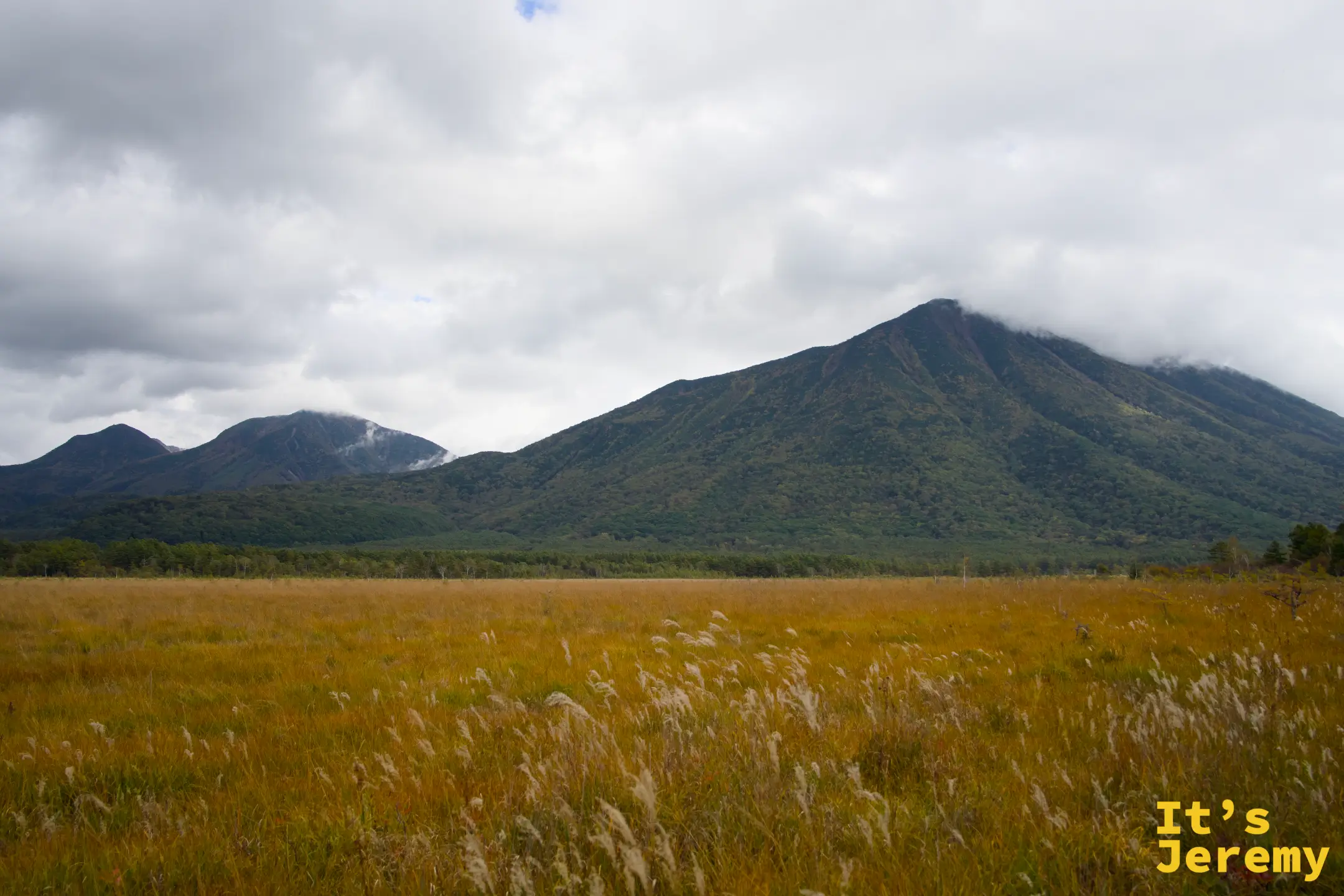 男體山特寫，山頂帶雲，山脊線俐落，金色濕原一路延伸到山腳