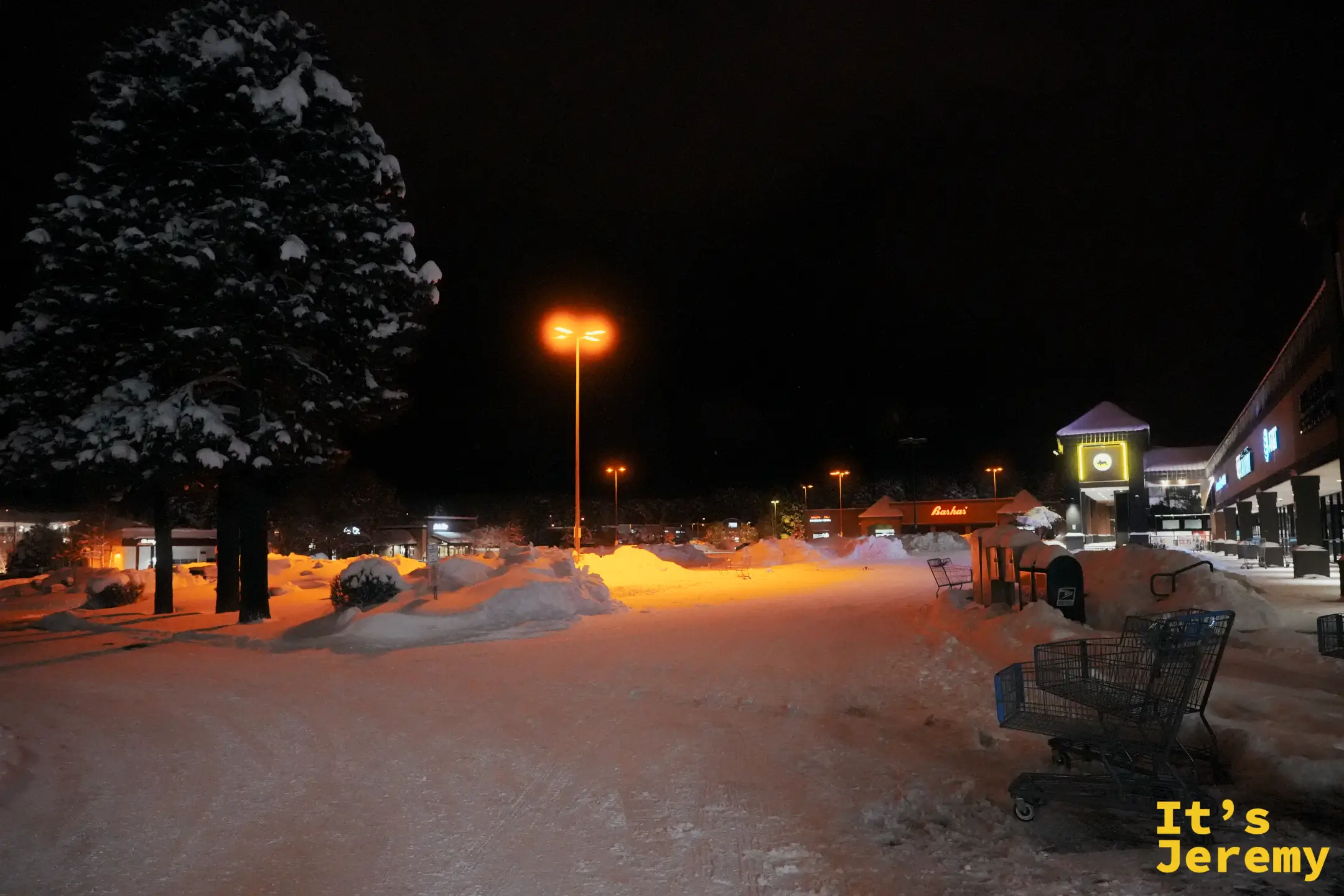 Flagstaff 雪夜的商場停車場，樹上與路邊堆滿厚雪，購物推車半埋在雪中，遠處 Bashas