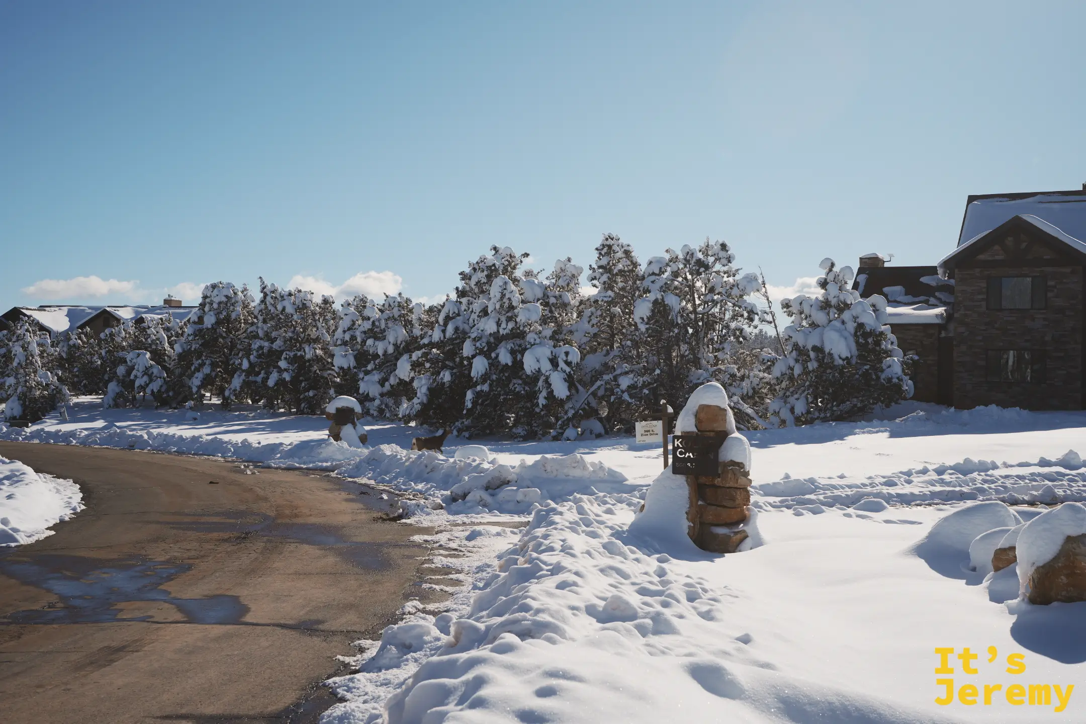 一條被雪包圍的營地車道向左彎去，路邊立著堆滿雪的石造門柱與木屋名牌，遠處有鹿與大型木屋
