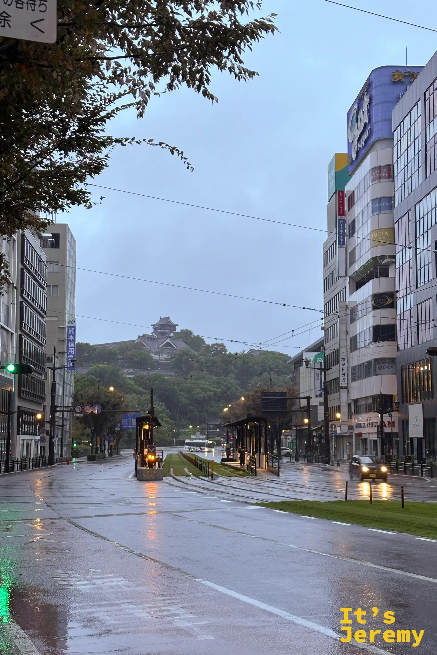 清晨雨後的熊本市電街道，濕亮的路面盡頭是霧色天空下的熊本城天守閣，綠色電車軌道從中央延伸
