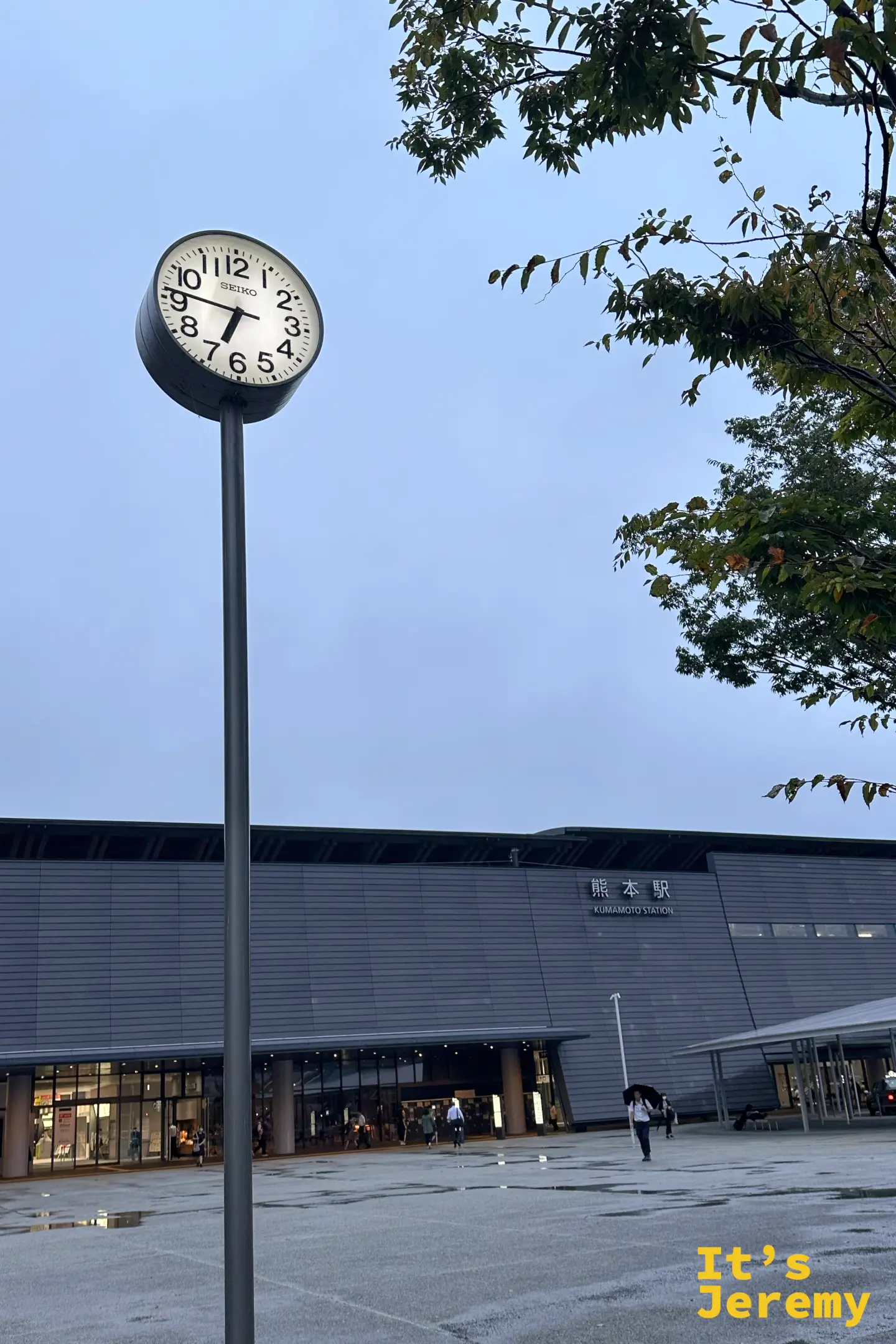 仰拍街角一座黑色立柱上的 SEIKO 圓形時鐘，指針指著清晨時分，背景是泛藍的天空與樹葉