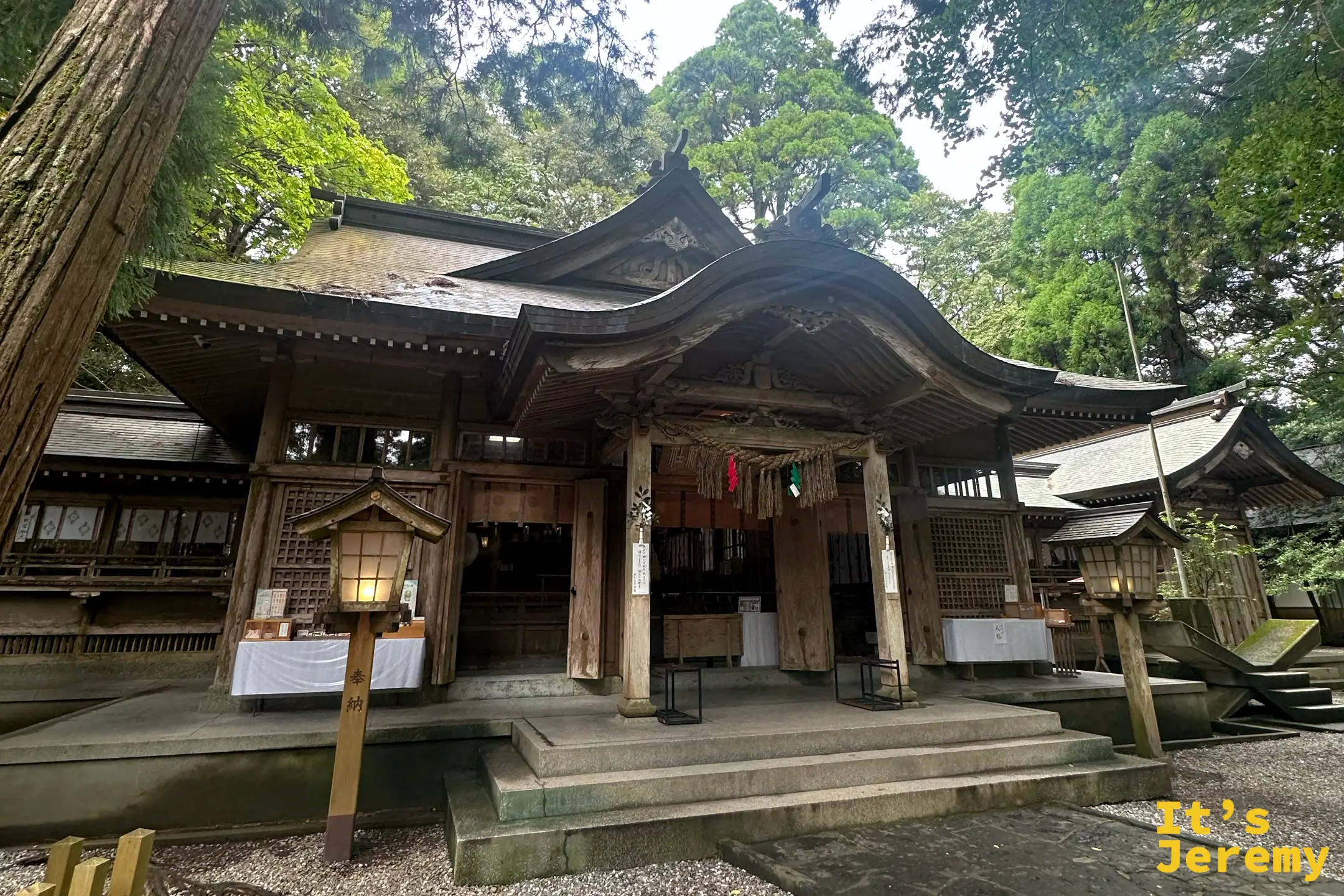 高千穂神社的拝殿全景，深褐色檜皮屋頂配上優雅的破風曲線，木構件上有細緻雕刻