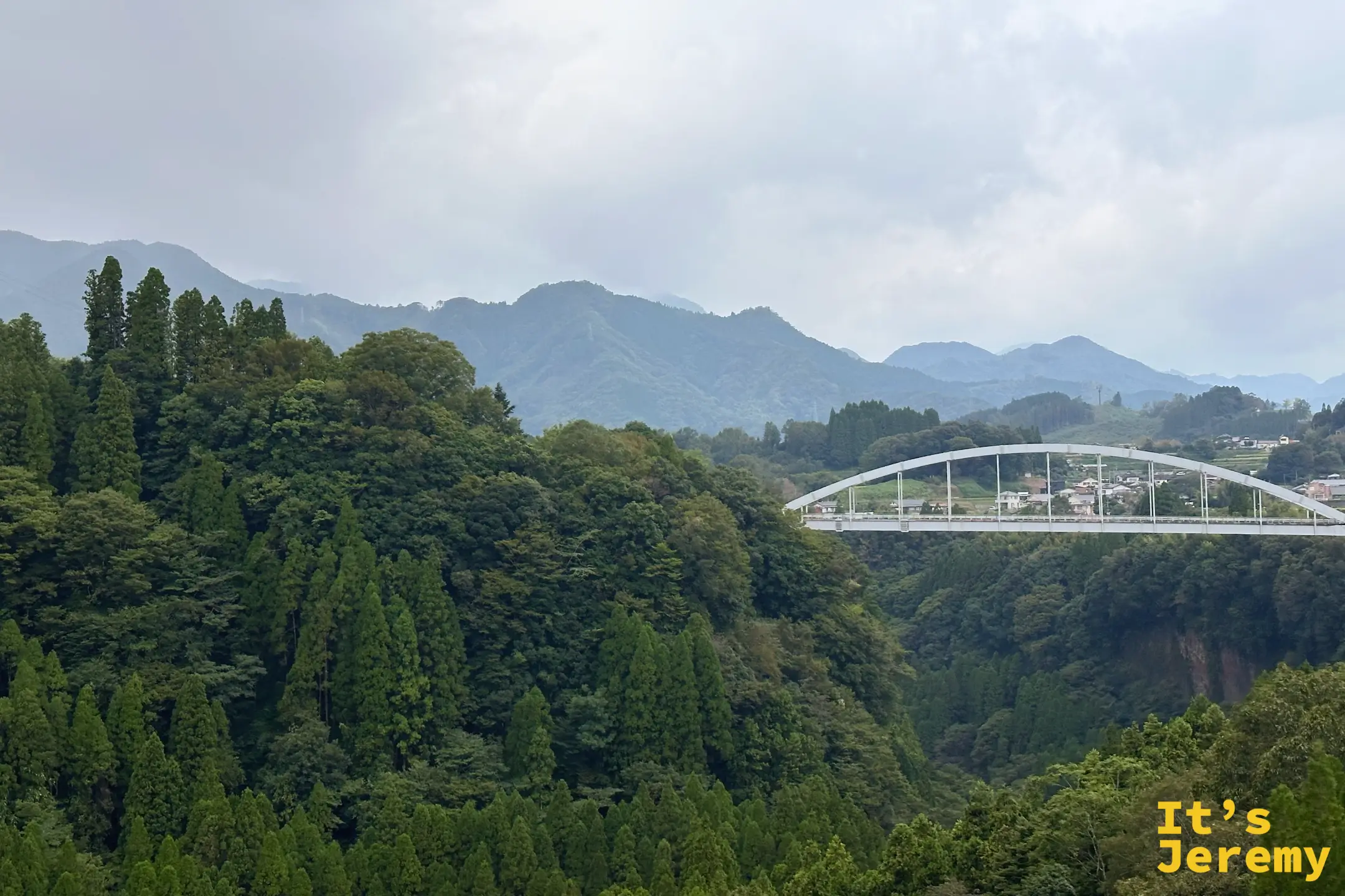 對面山腰橫跨山谷的白色拱橋，前景是茂密森林