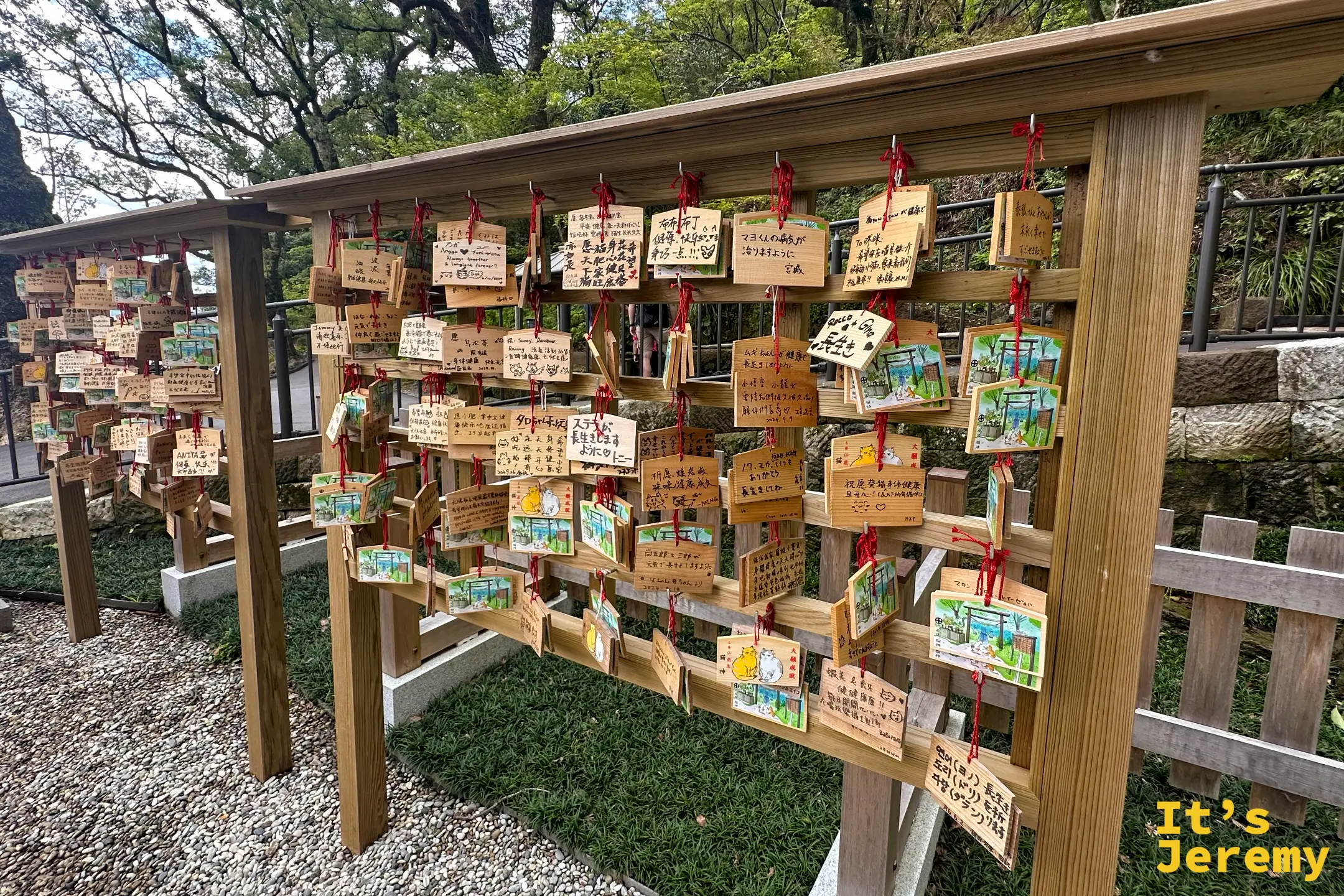 猫神神社的繪馬架側面全景，一整排貓咪繪馬在林蔭下隨風輕晃