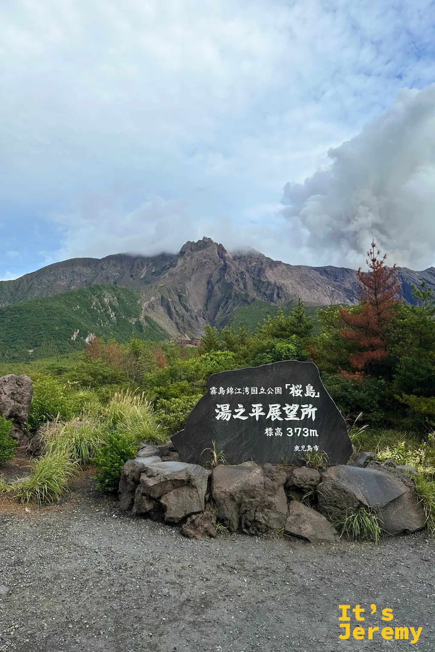 從湯之平展望所望向錦江灣，前景是大片綠色森林，海面有小島，遠方海岸連綿