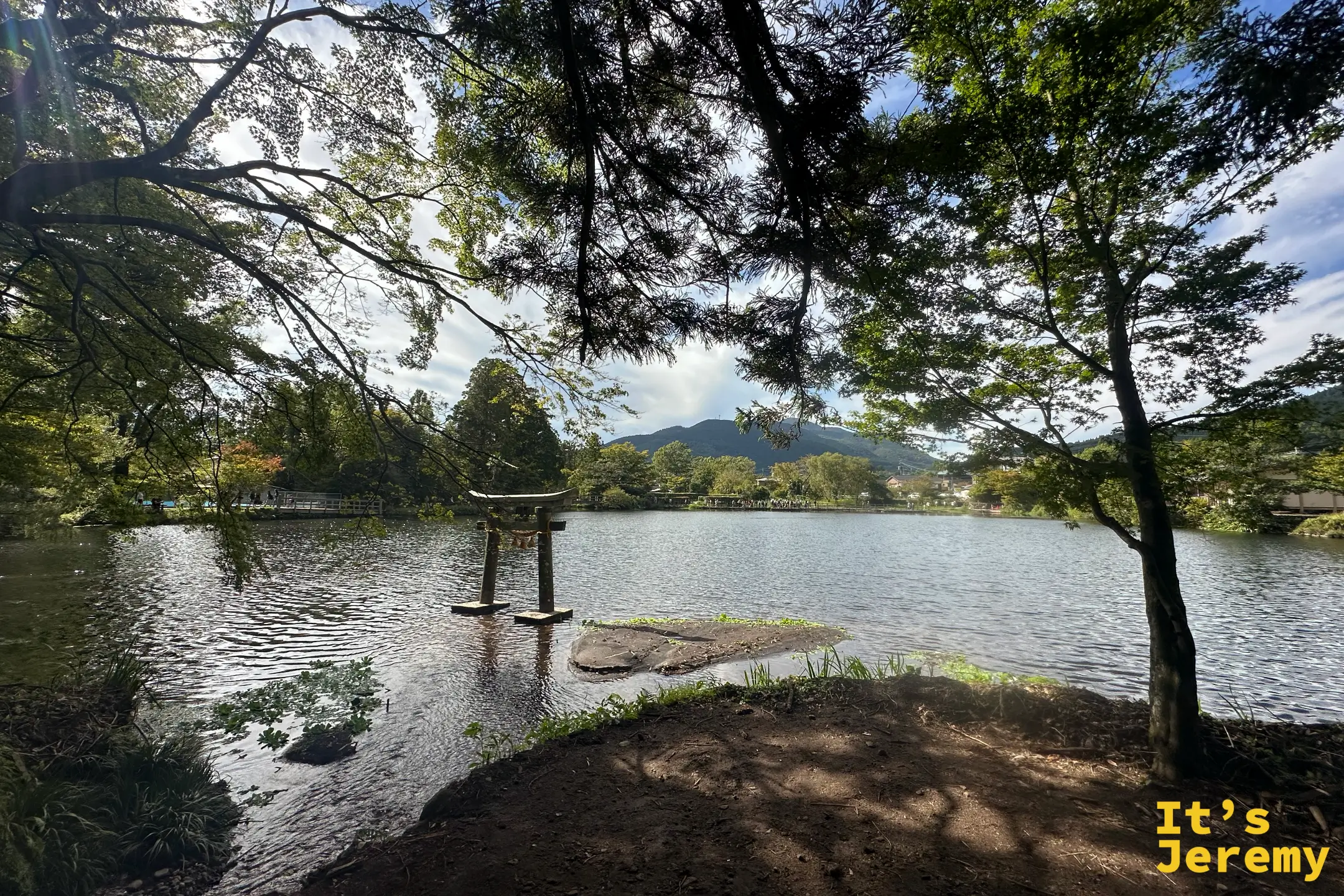 樹蔭剪影中的水中石鳥居與小石灘，逆光下的湖景