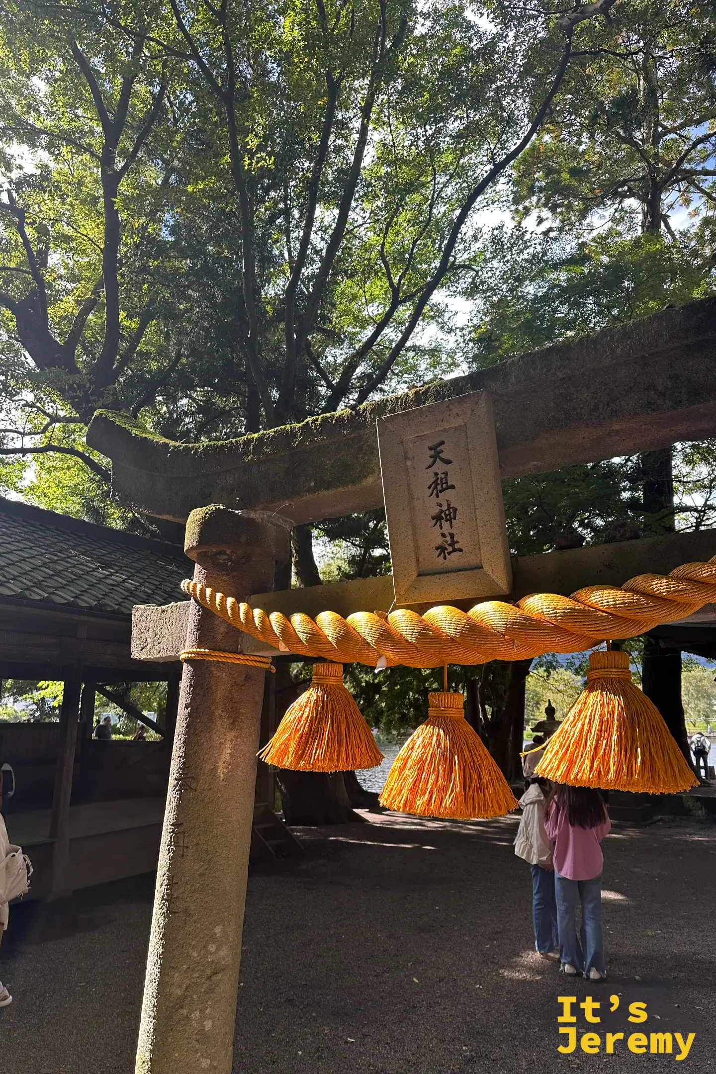 天祖神社石鳥居扁額與橙黃注連繩三束稻穗的近拍