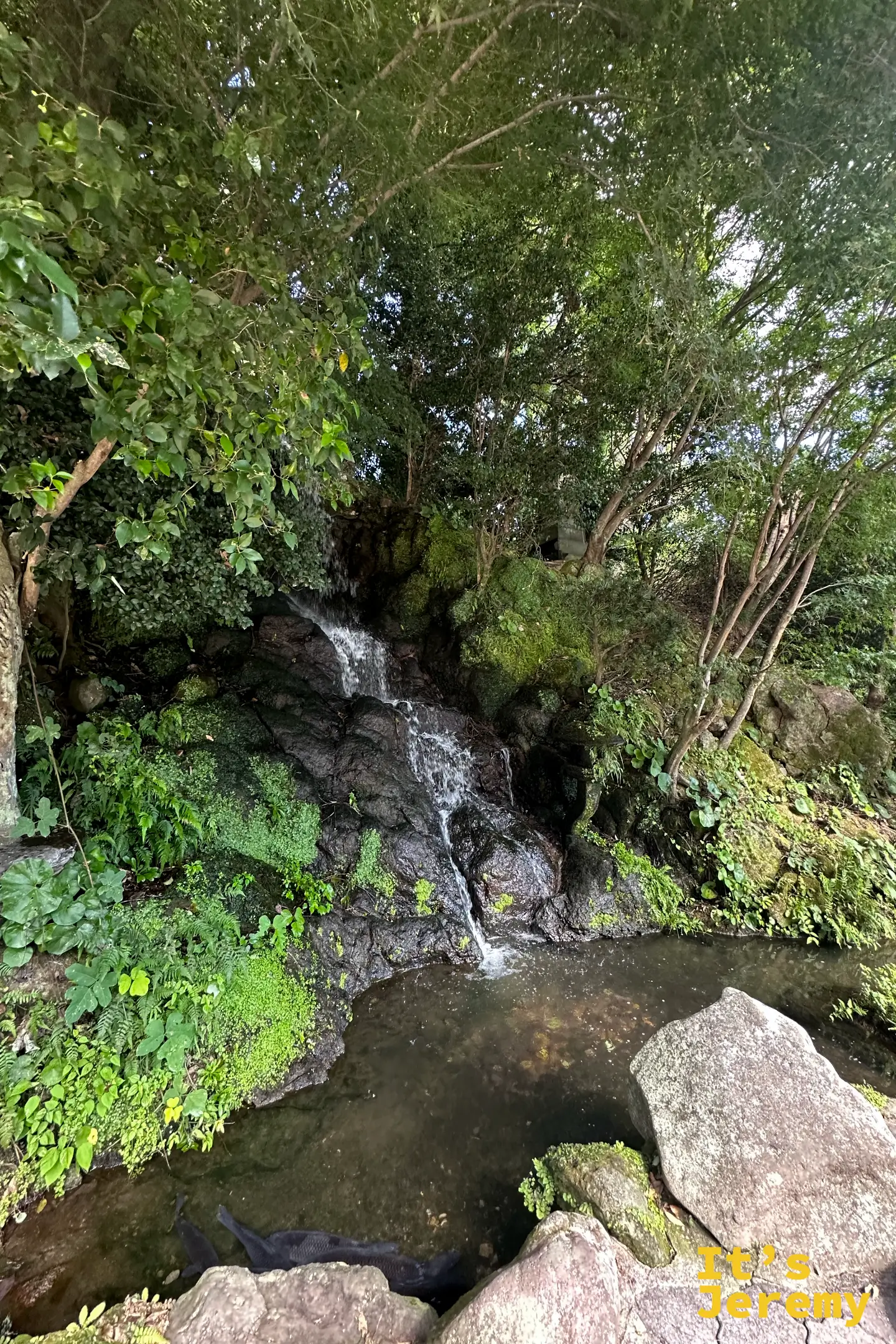 另一角度的小瀑布與流水，青苔岩石旁立著一座舊石碑