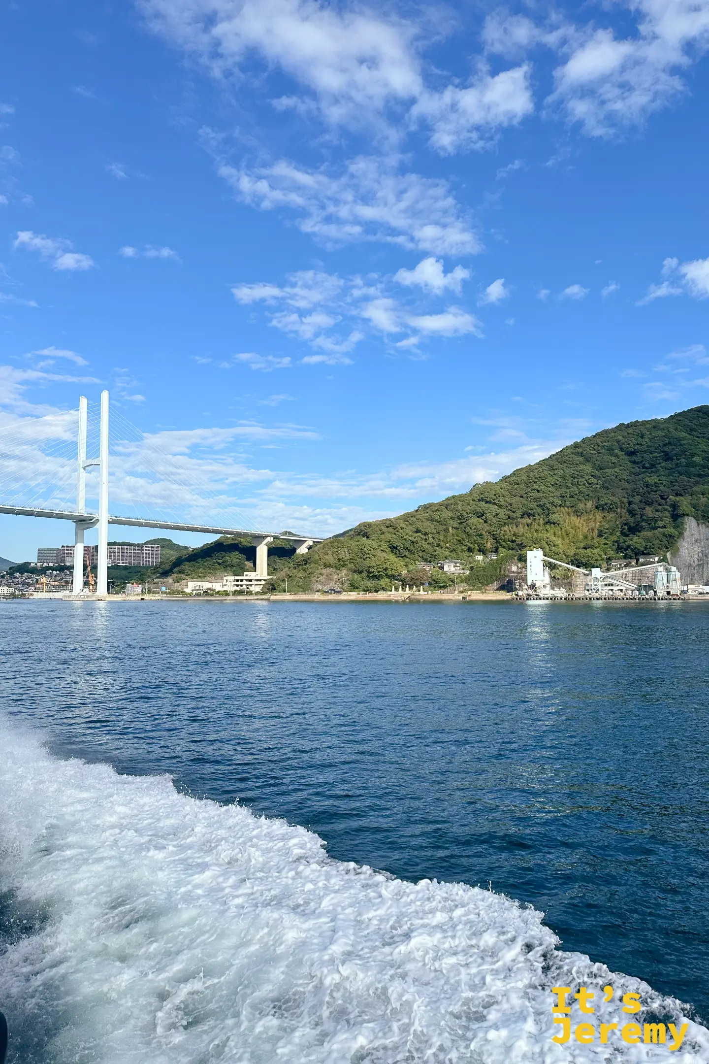 從船上仰望白色斜張橋女神大橋，兩座橋塔與放射狀拉索撐起橋面