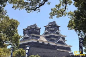 從加藤神社透過綠葉遠眺熊本城天守閣，天然相框視角