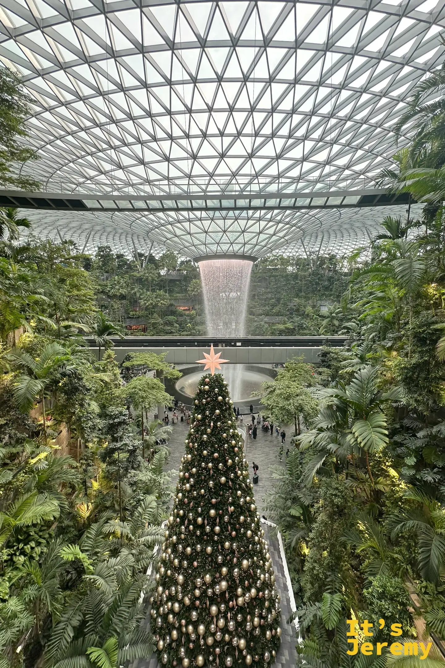 節慶期間資生堂森林谷中央的巨型聖誕樹，後方伴隨 40 公尺雨漩渦室內瀑布