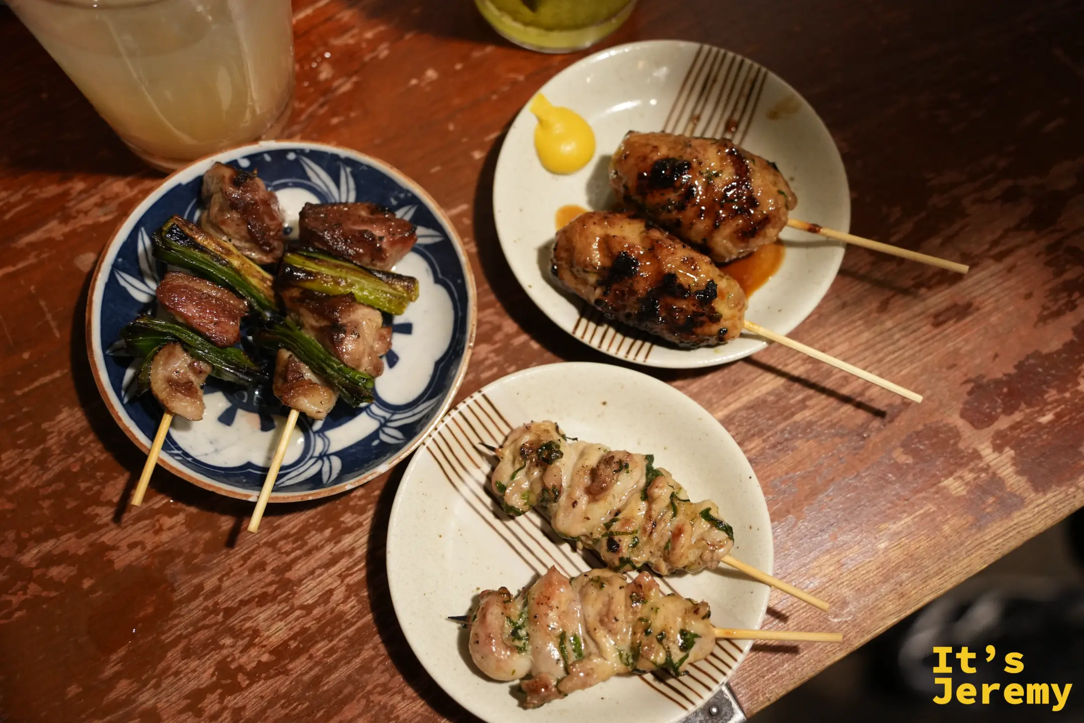 鴨肉青蔥、雞肉丸與紫蘇雞頸肉三盤燒鳥
