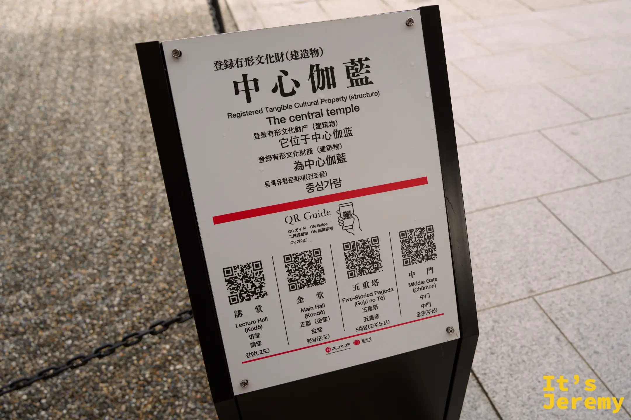四天王寺中心伽藍的登錄有形文化財說明牌