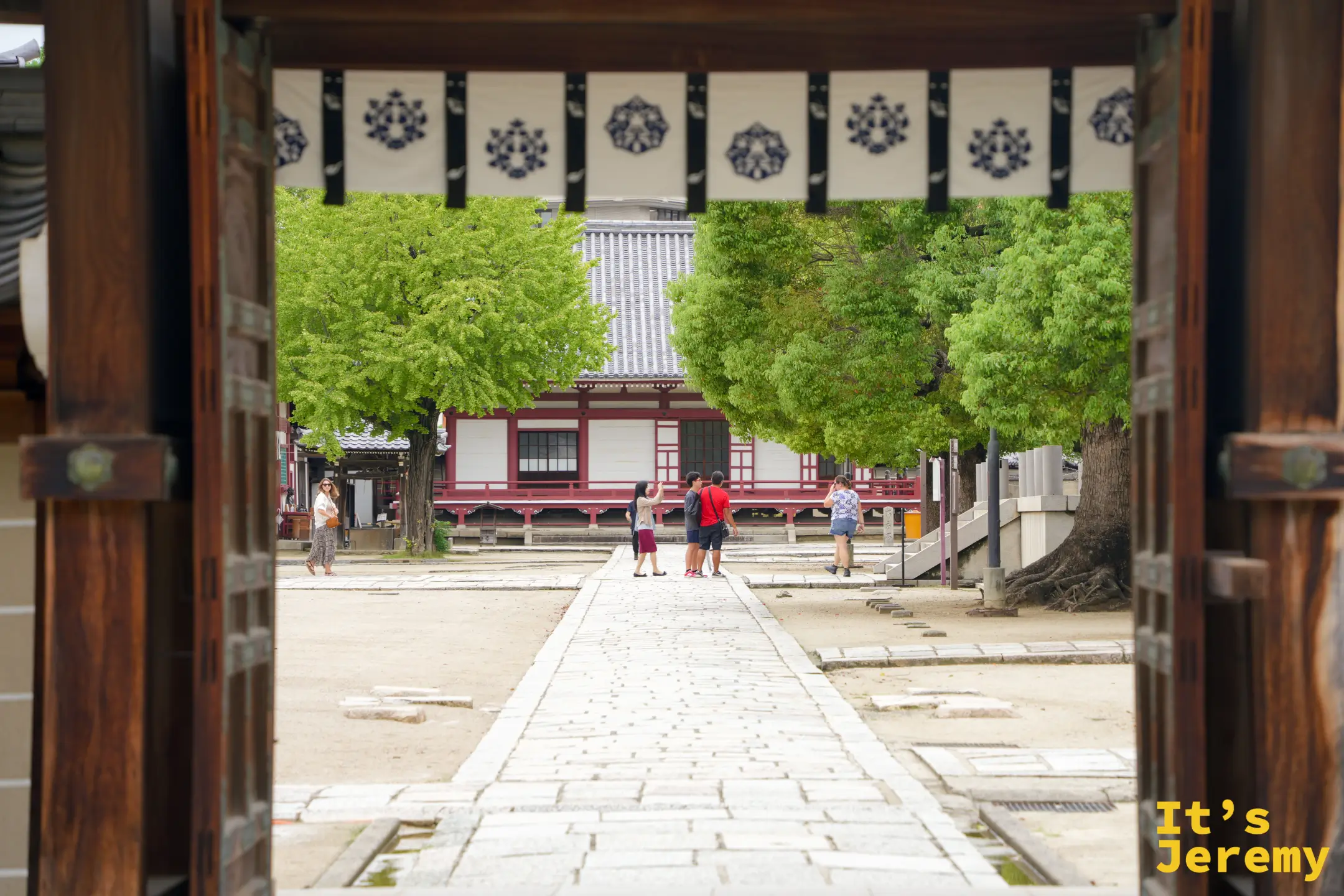從聖靈院內透過虎之門往外看石板廣場與綠樹