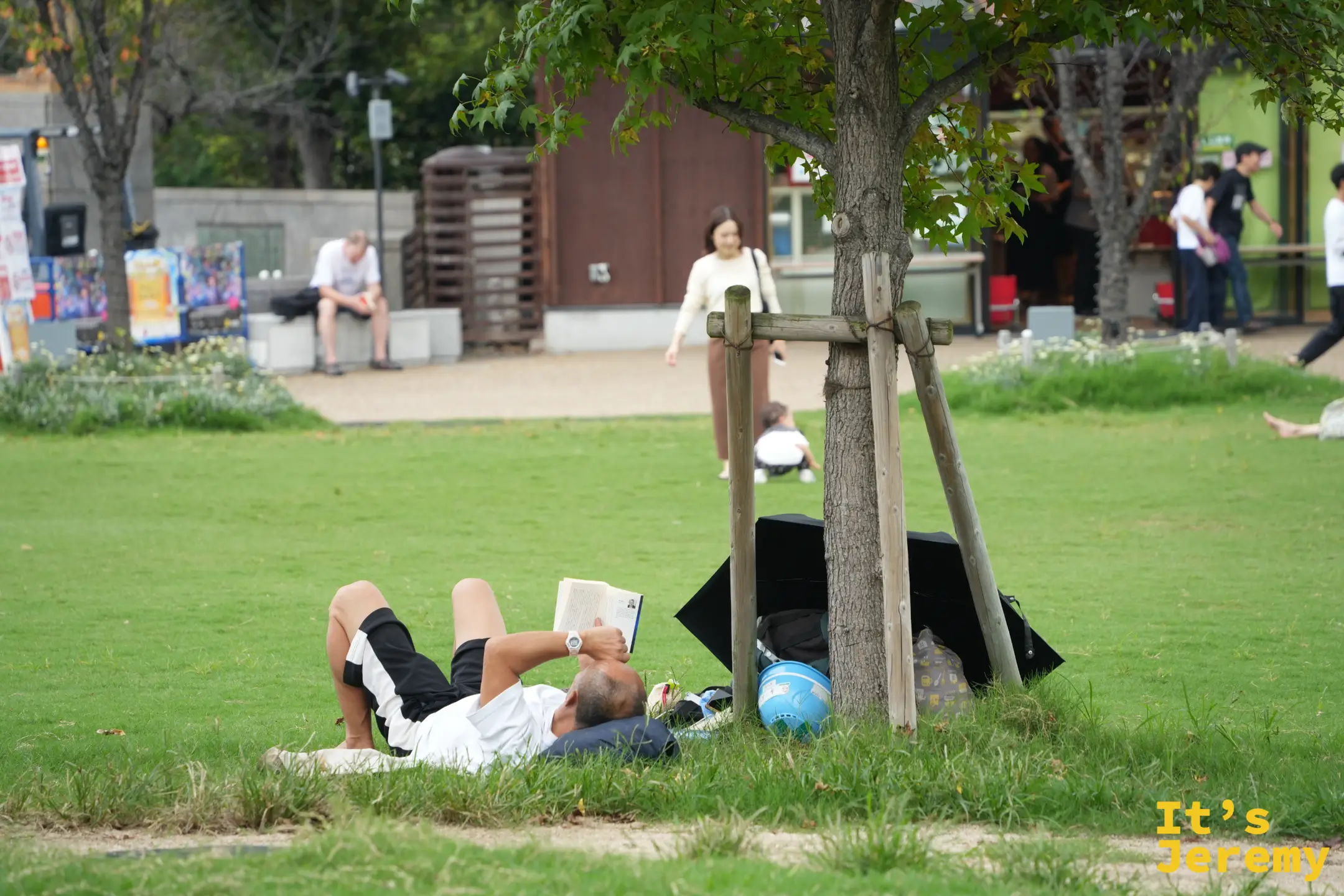 躺在天芝草坪上看書的阿伯